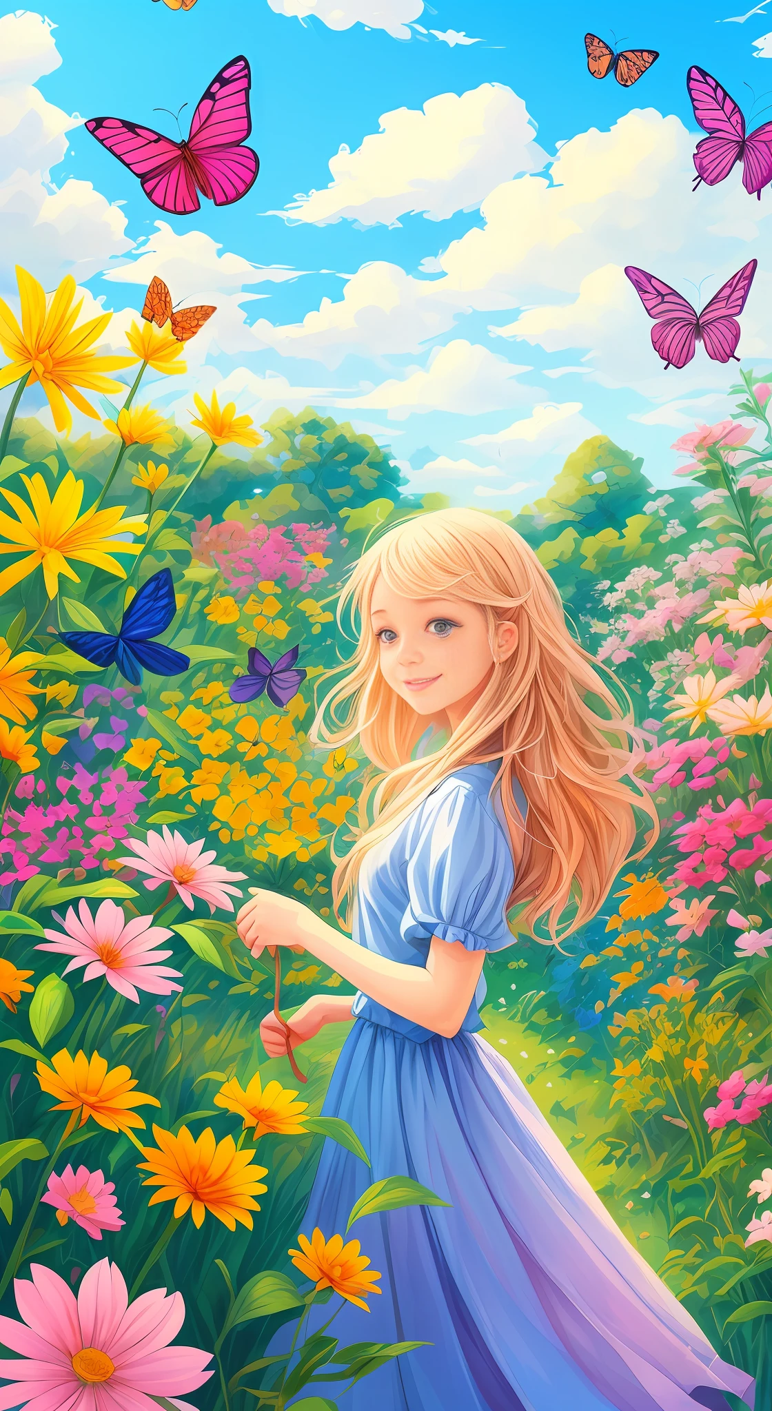 Cybele loved exploring the garden and spending hours watching the colorful butterflies that danced in the air. She was fascinated by the diversity of colors and patterns that adorned the delicate wings of butterflies. Whenever Cybele went to the garden, she felt as if she was entering a dream world. Illustration of "happy" in a flower garden. Blue sky of clouds tending the garden with butterflies. Beautiful illustration, beautiful painting, beautiful UHD 4k art, beautiful art, a beautiful art illustration, guweiz style art, beautiful painting, atey ghailan 8k, artgerm and atey ghailan, (long blonde hair) taking care of butterflies, (butterflies). (best quality, masterpiece), happy, particle, wind, flower, full body, garden background, looking at butterflies. --auto
