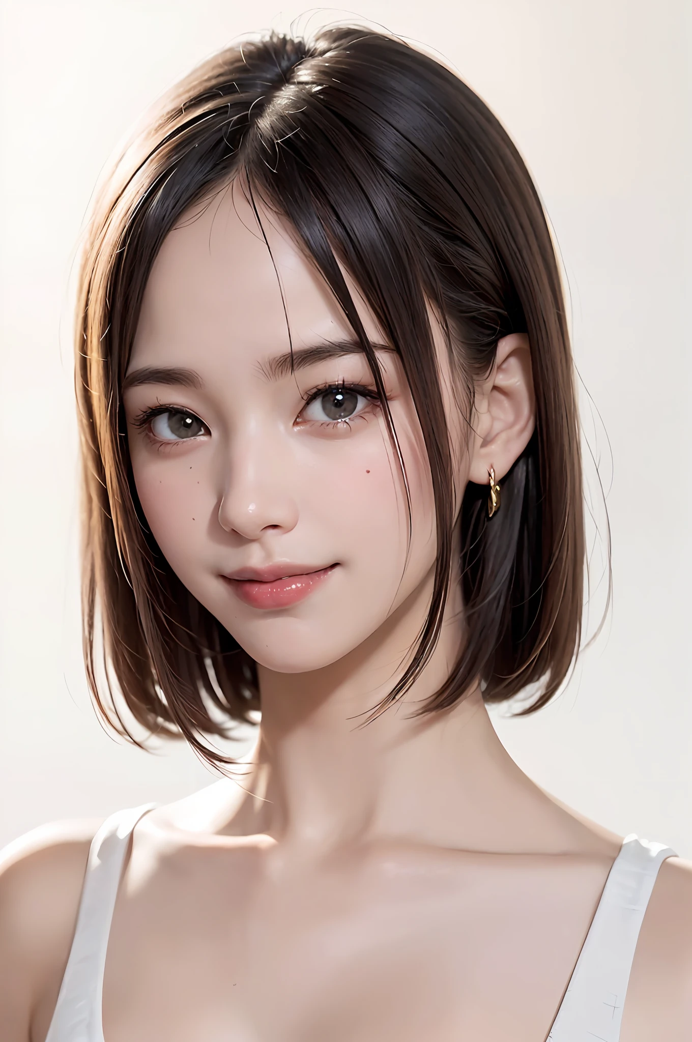 ((showpiece, top quality, high precision)), one girl, (photorealistic: 1.4), ((((also slightly above the camera, looking up at the camera, looking up, looking up at the camera, staring at the camera))), solo, , white background, snow-white background, mouth closed, happy smile, pretty black hair, short hair, big eyes, Distinct double eyelids, eyelashes, ears out, long neck, long neck, absolute area, (((face closeup)), 19 years old, attractive proportions, shiny skin, clean collarbone, golden ratio face, perfect face, teardrop mole, chest mole, bangs, clean bangs, beautiful bangs, lip gloss, thin lips, white skin, undressed, big breasts, small face, small face, staring at the camera slightly upwards, (( Face the camera and smile))