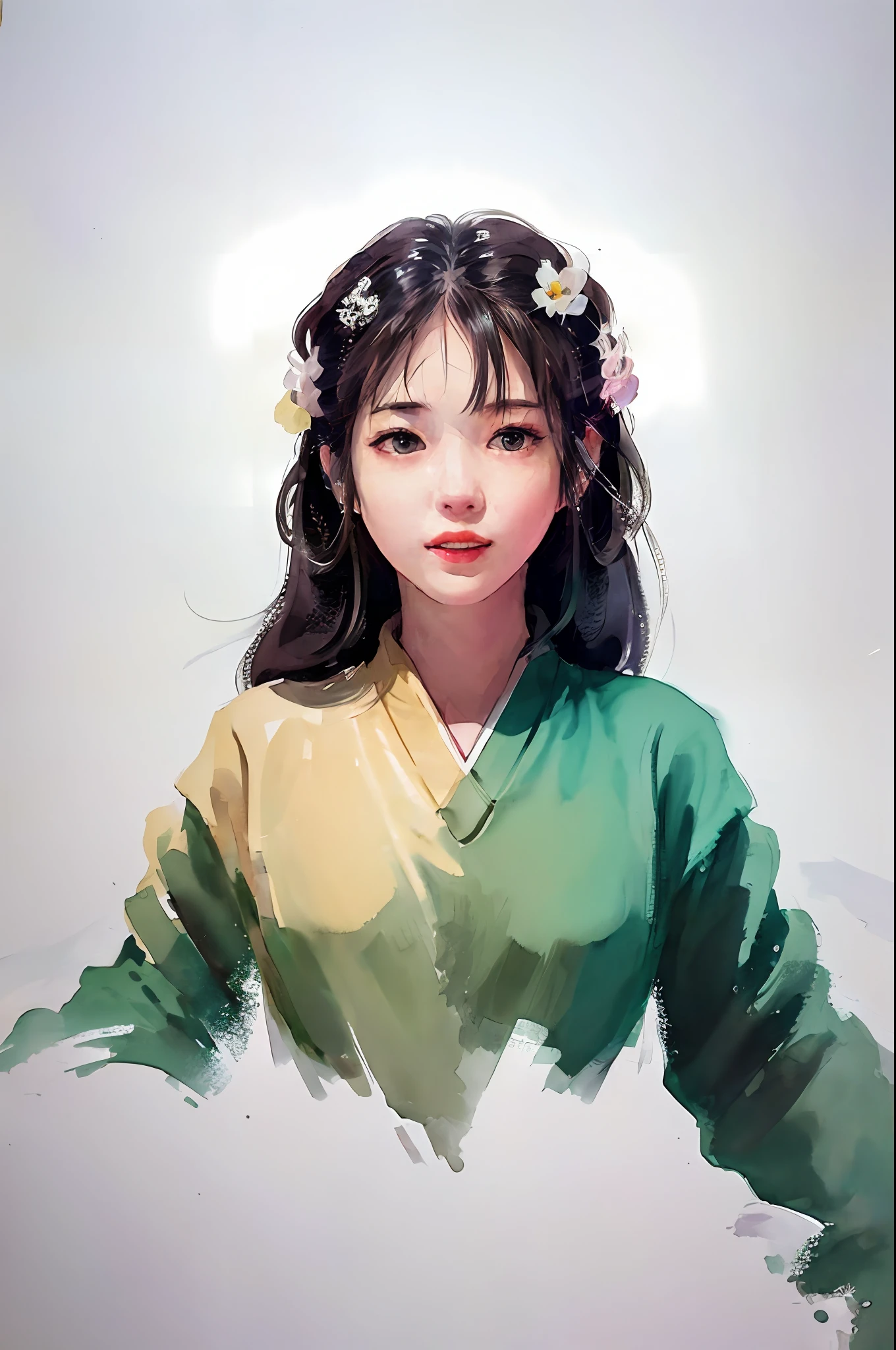 (upper body: 1.5),(white background:1.4), ((tachi-e)), original,(illustration:1.1),(best quality),(masterpiece:1.1),(extremely detailed CG unity 8k wallpaper:1.1), (colorful:0.9),(panorama shot:1.4),(full body:1.05),(solo:1.2), (ink splashing),(color splashing),((watercolor)), clear sharp focus,{ 1girl standing },((chinese style )),flower  background,outdoors,rocks, looking at viewer, make happy expressions,soft smile,pure,beautyfull detailed face and eyes,beautyfull intricacy clothing decorative pattern details, black hair,black eyes,colorwater