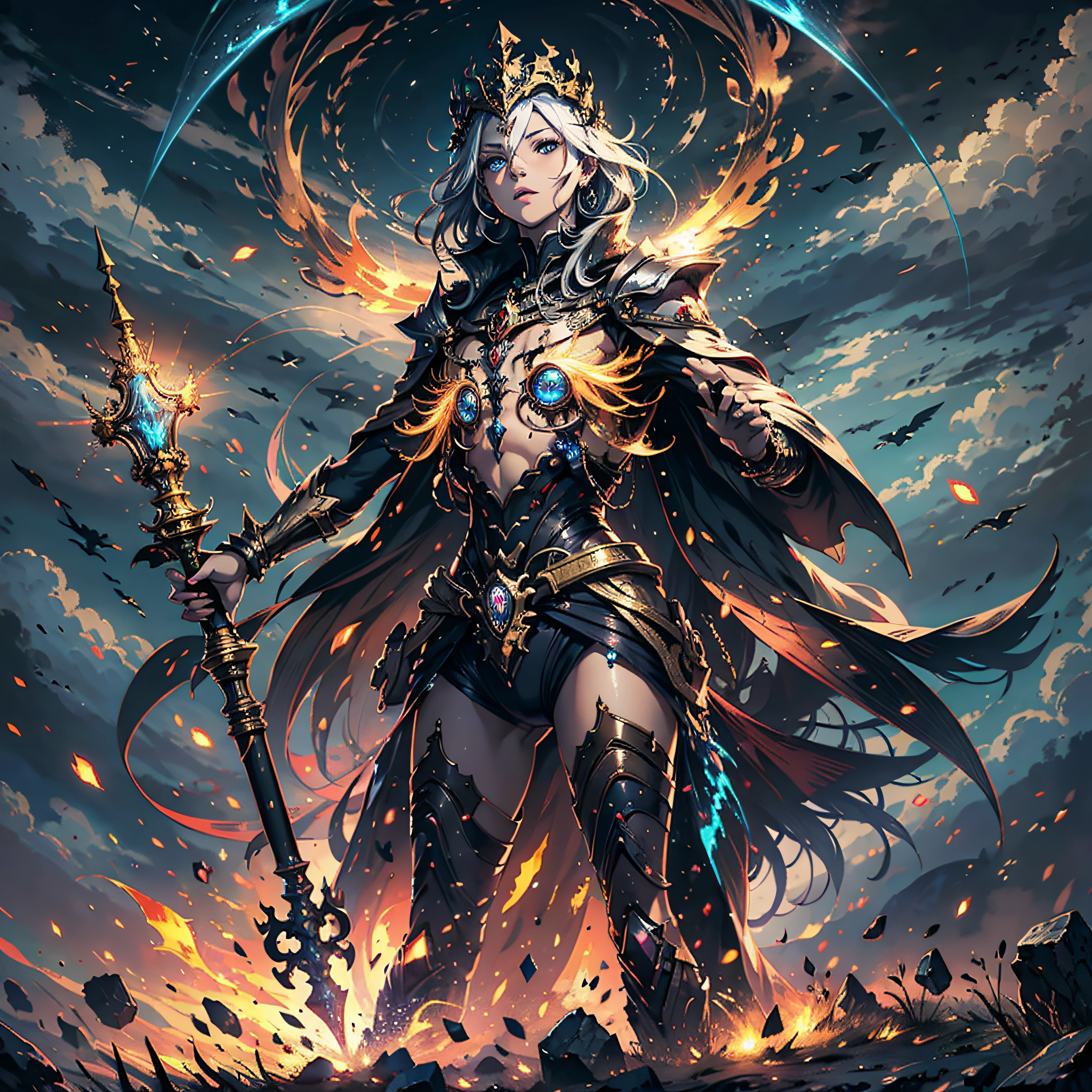 1 demon, emperor of darkness, detailed eyes, detailed face, detailed skin, mature body, tall body, seductive body, whole body, desert BREAK and pyramid bottoms, holding only a holy sun scepter, phoenix dragon in the sky, highly saturating sun rays, holy ceremony, angelic halo, dazzling golden and orange spark around, sacred magic circle, golden crown, golden majestic lightning, best quality, masterpiece, trend in art station, BREAK, detailed, realistic, highly detailed digital art 8k, octane rendering, bioluminescent, concept art resolution BREAK 8K, realism, by studios Mappa, masterpiece, best quality, official art, illustration, ligne claire, (cool_color), perfect composition, absurdists, fantasy, focused, full body in attack pose, night sky with clouds, full moon, 8k,