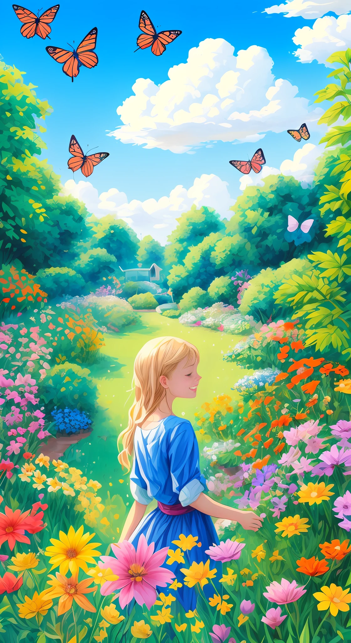 Cybele loved exploring the garden and spending hours watching the colorful butterflies that danced in the air. She was fascinated by the diversity of colors and patterns that adorned the delicate wings of butterflies. Whenever Cybele went to the garden, she felt as if she was entering a dream world. Illustration of "happy" in a flower garden. Blue sky of clouds tending the garden with butterflies. Beautiful illustration, beautiful painting, beautiful UHD 4k art, beautiful art, a beautiful art illustration, guweiz style art, beautiful painting, atey ghailan 8k, artgerm and atey ghailan, (long blonde hair) taking care of butterflies, (butterflies). (best quality, masterpiece), happy, particle, wind, flower, full body, garden background, looking at butterflies. --auto