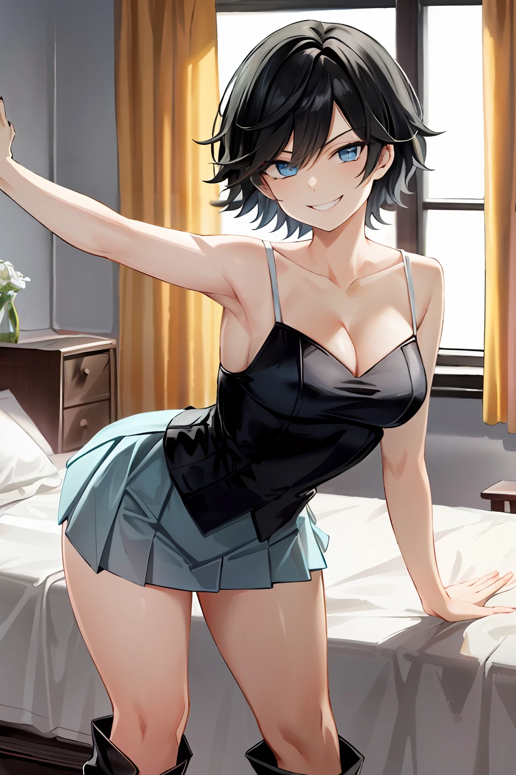 masterpiece, top quality, high resolution, masterpiece, adult woman, one, pleated mini skirt, light blue miniskirt, short hair, black boots, evil smile, black hair, evil smile, evil plan, blue eyes, love hotel room