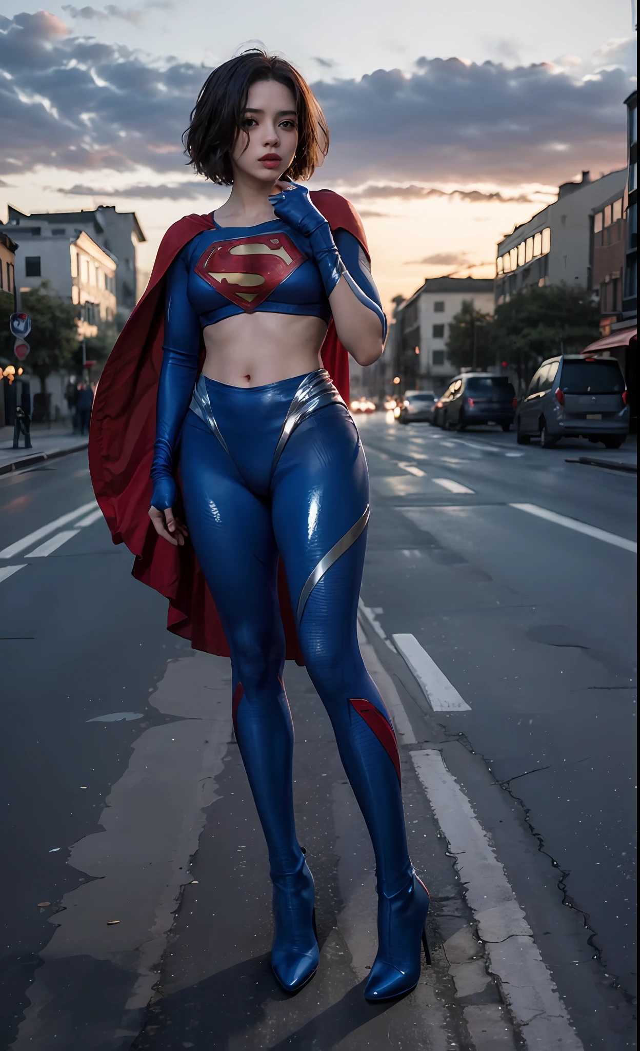 1girl, (twilight), short hair,
(looking at the viewer,(biting lip)), supergirl, cityscape, (flying), blue sky, cloud, split lips, blue pantyhose and red boots,
Intricate details, highly detailed, shiny hair, glowing skin, blue eyes, 8K resolution, (full body)