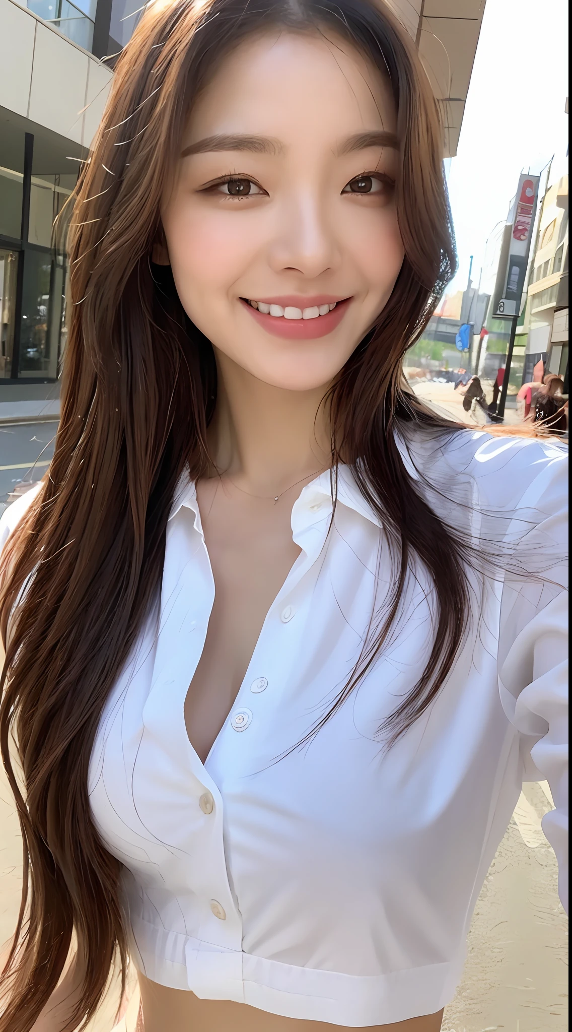 ((Best Quality, 8K, Masterpiece: 1.3)), Sharp Focus: 1.2, A Beautiful Woman with Perfect Figure: 1.4, Slim Abs: 1.2, (Layered Hairstyle,: 1.2)), (Wet White Button Long Shirt: 1.3), Rain: 1.3, Street: 1.2, Wet Body: 1.1, Highly Detailed Face and Skin Texture, Detailed Eyes, Double Eyelids, Big Breasts, Smile,
