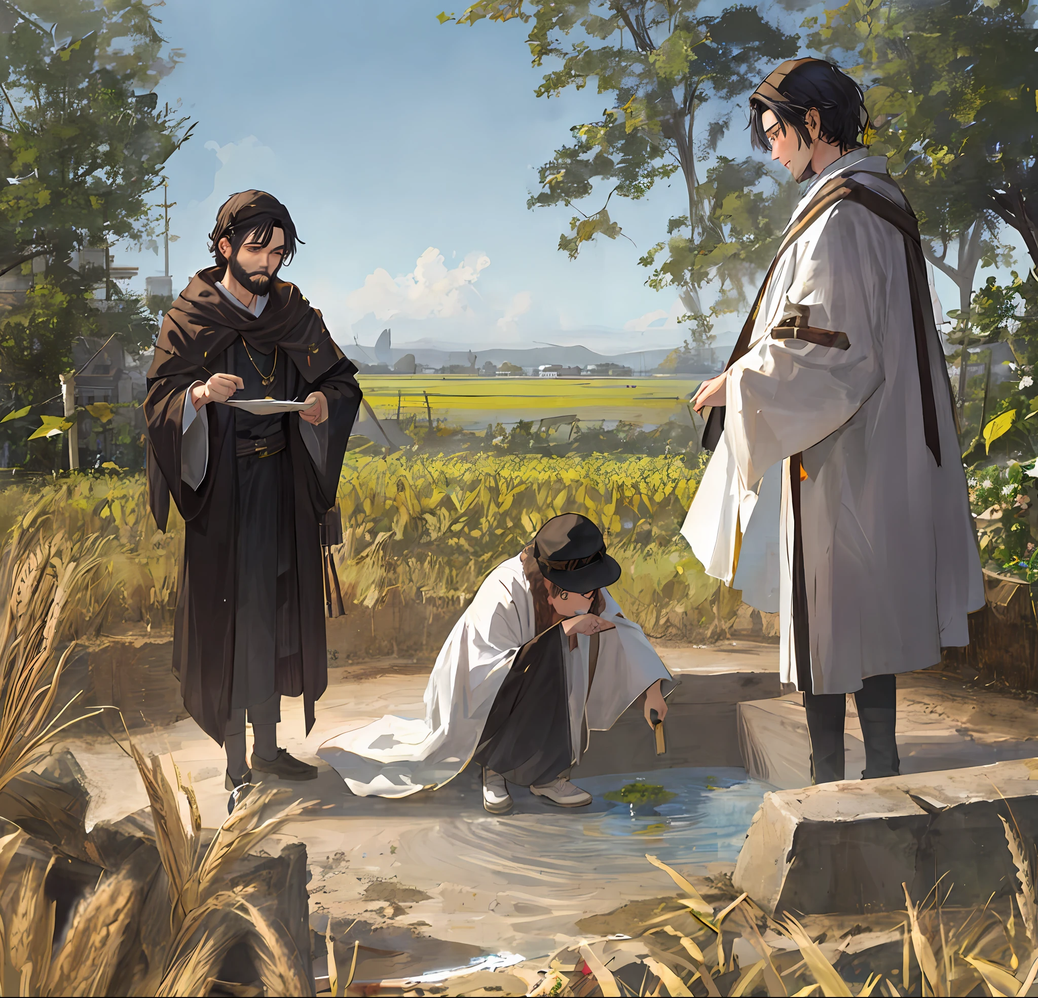 Man, young, Jew, black beard, white robes, wheat field, ancient Hebrew robes, digging well of water, in the field