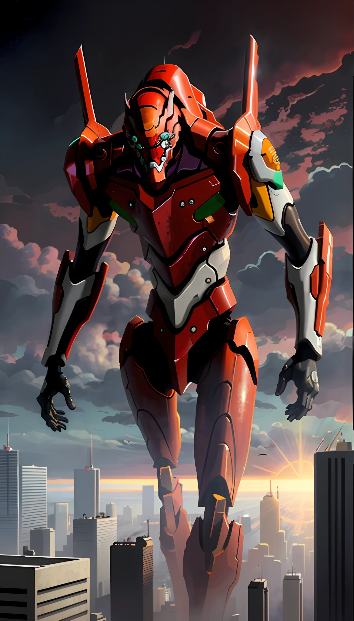 (EVA 02), Evagod, Evangelion Mecha, Science Fiction, View Viewers, (Official Art, Best Quality, Masterpiece:1.2), Illustration, High Resolution, Beautiful Abstract Background, Futurism, Cyberpunk, Close Up, Black Armor,