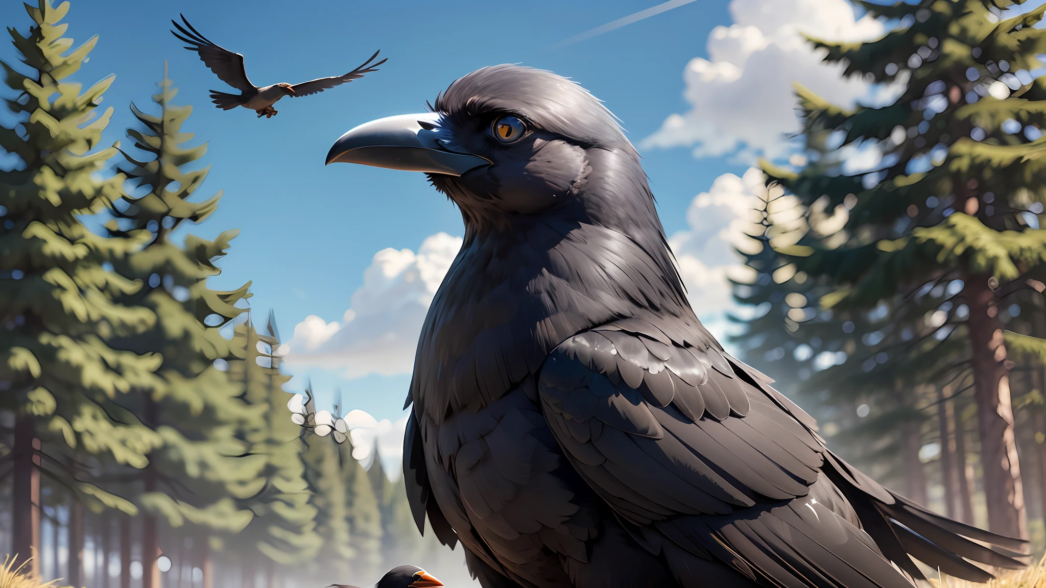 There is a big black bird flying in the sky, black crows flying on a beautiful day in the open, crow bird, crow, crow, crow wings, in forest, crow, long thick black beak shiny, dark crow, closeup of a crow, black crow, crow monster, crows, crows, dark feathered wings, beautiful crows ultra realistic 8k --auto --s2