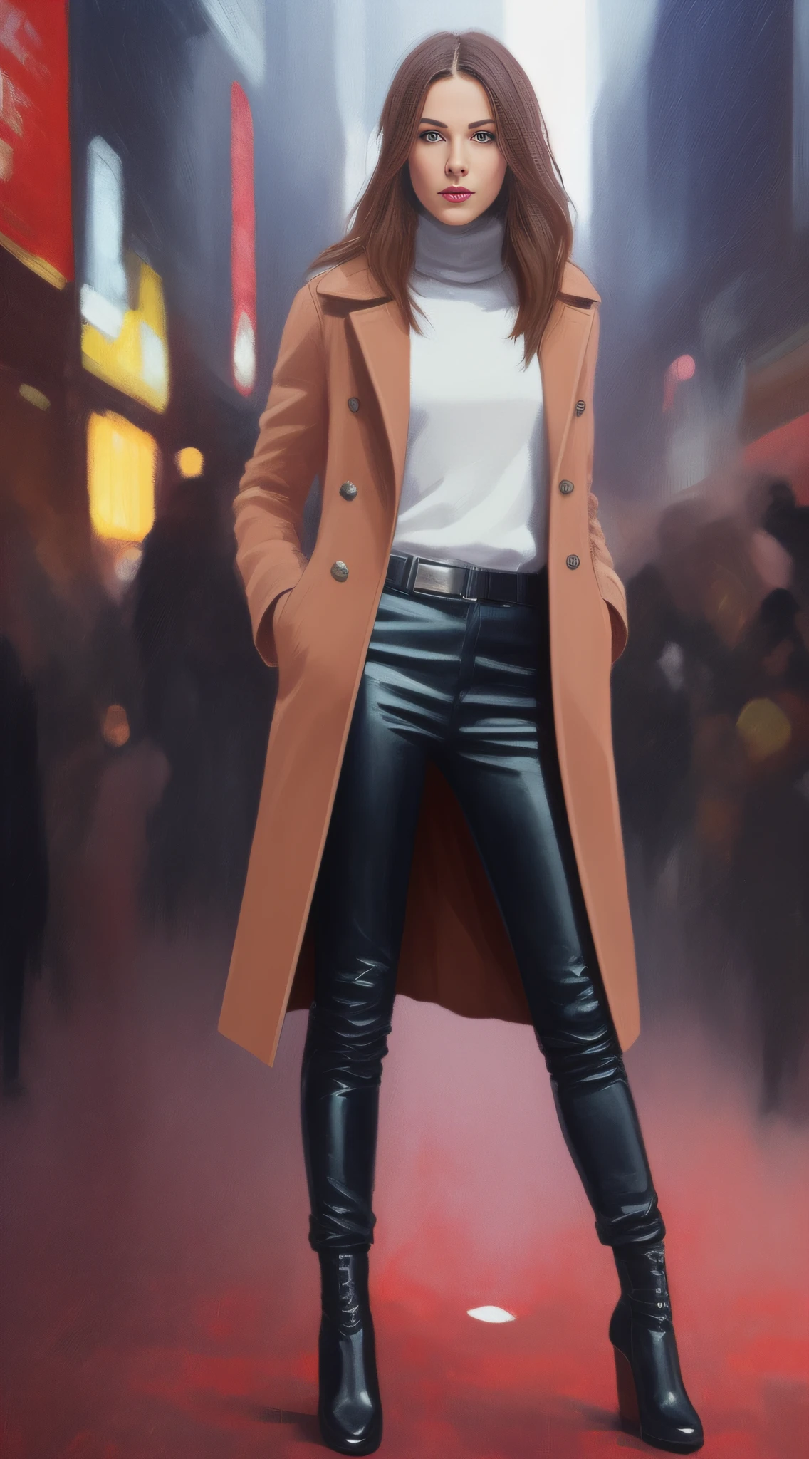 photo of (kikip4ss0:0.99), a woman as a movie star, modelshoot style, buzy Paris Surrounded (extremely detailed CG unity 8k wallpaper), photo of the most beautiful artwork in the world, professional majestic oil painting by Ed Blinkey, Atey Ghailan, Studio Ghibli, by Jeremy Mann, Greg Manchess, Antonio Moro, trending on ArtStation, trending on CGSociety, Intricate, High Detail, Sharp focus, dramatic, photorealistic painting art by midjourney and greg rutkowski, (long brown coat), (turtleneck), ((comicon event)), (leather trousers), ((standing on the red carpet)), ((paparazzi in the background)), (looking at viewer), (detailed pupils:1.3), (modern outfit:1.2), (closeup), red lips, (eye shadow)