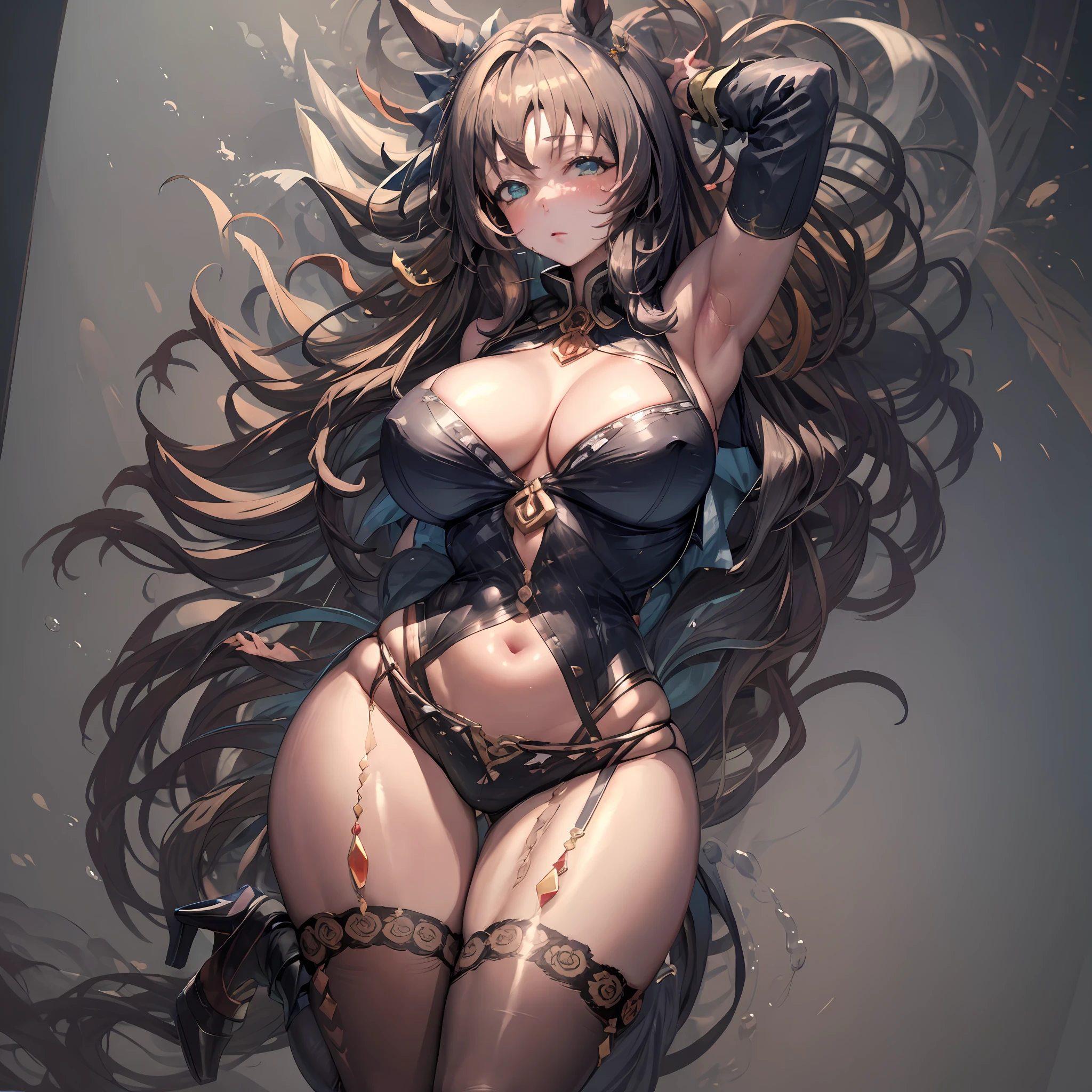 Masterpiece, top quality, 8K, (huge breasts: 1.3), clearly visible cleavage, costume sticking to the chest, huge, perfect big, amazing bust, taut bust, taut breasts, red costume, sailor suit, garter belt, knee-high socks high heels, long hair, brown hair, black ribbon, horse ears, tail, right hand placed behind the head, left hand on hips, wink, moist eyes, estrus expression, embarrassed face, blush, shy figure,ecstacy