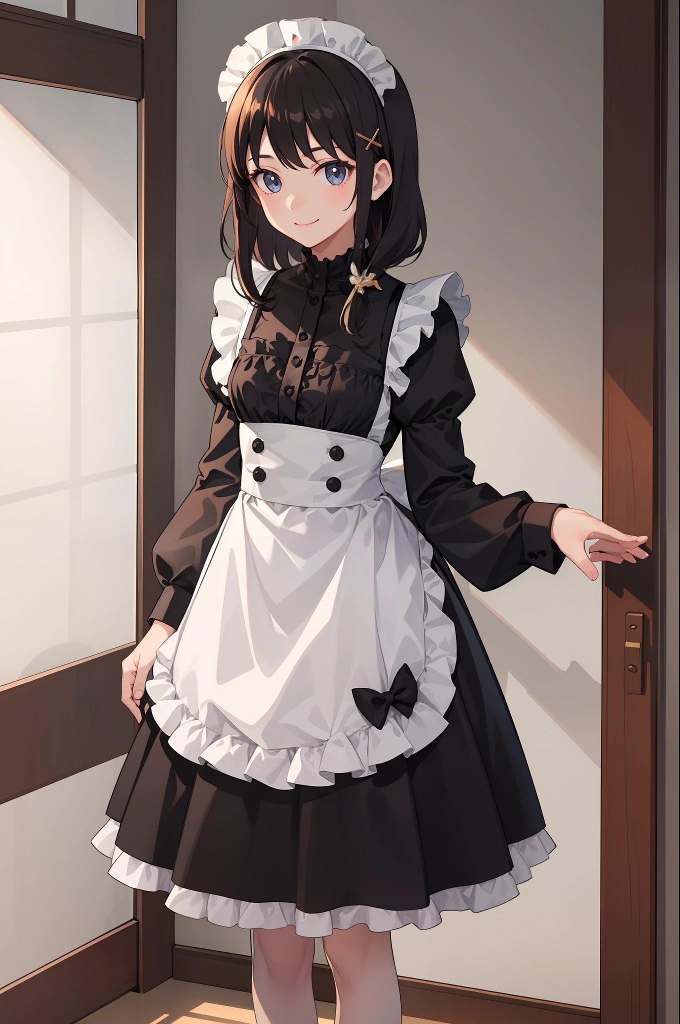 1 girl, smile, skirt, (small) chilarism, dress, apron,,,,,,、 maid,,,,,,,,、 hair ornament,