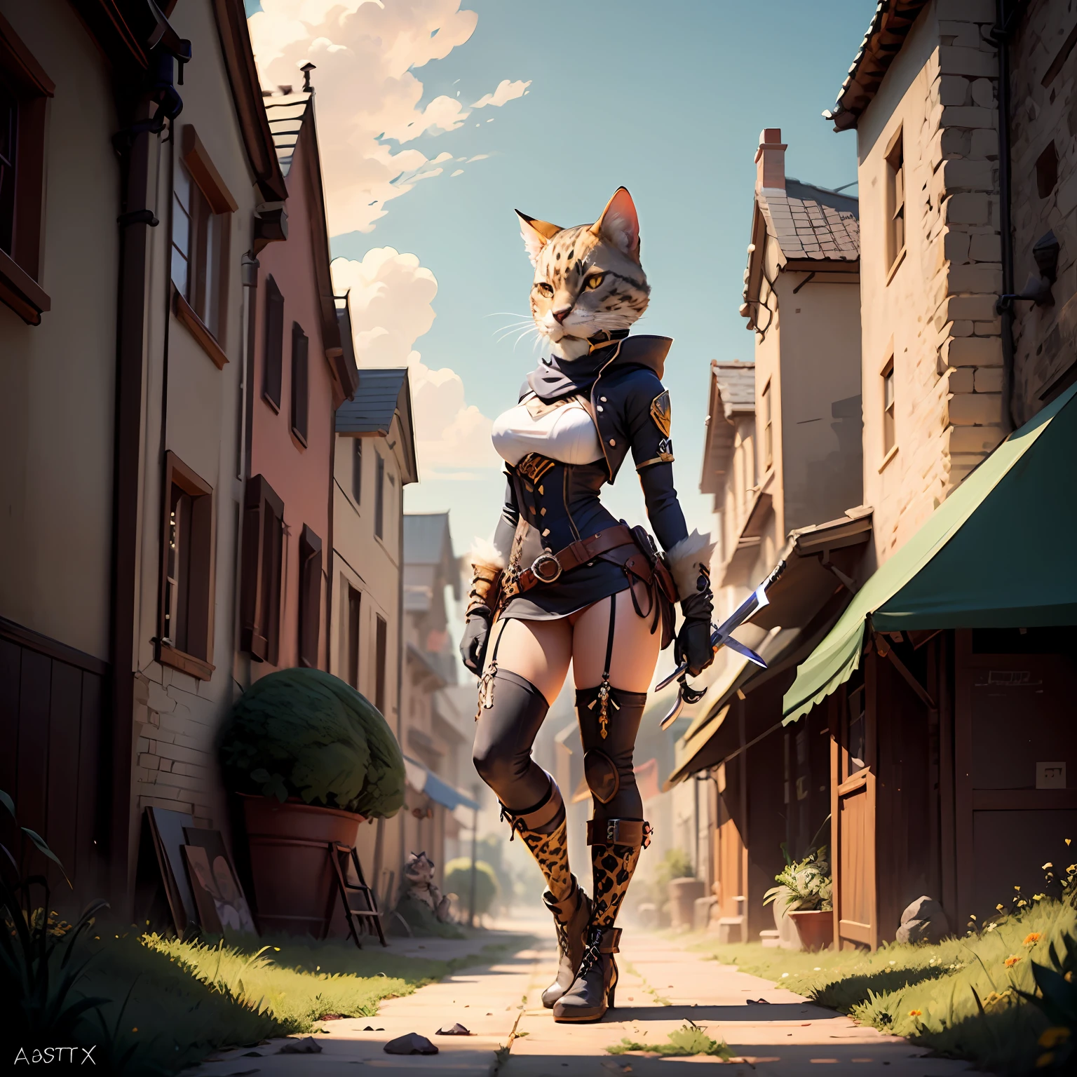 there is a cat that is standing in the grass with a sword, furry fantasy art, anthropomorphic female cat, cattie - brie of mithril hall, portrait of a steampunk catgirl, cat warrior, epic exquisite character art, anthro art, tabaxi :: rogue, bastet, of anthro leopard warlock, dark fantasy style art