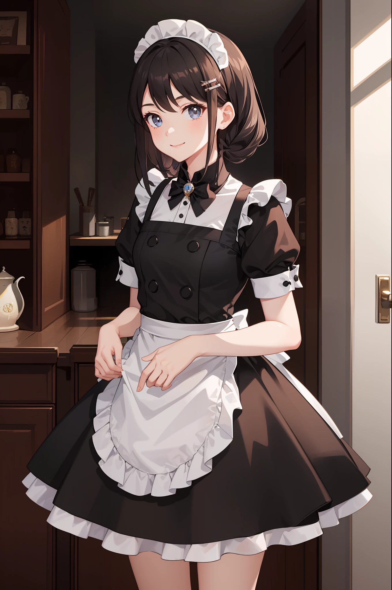 1 girl, smile, skirt, (small) chilarism, dress, apron,,,,,,、 maid,,,,,,,,、 hair ornament,