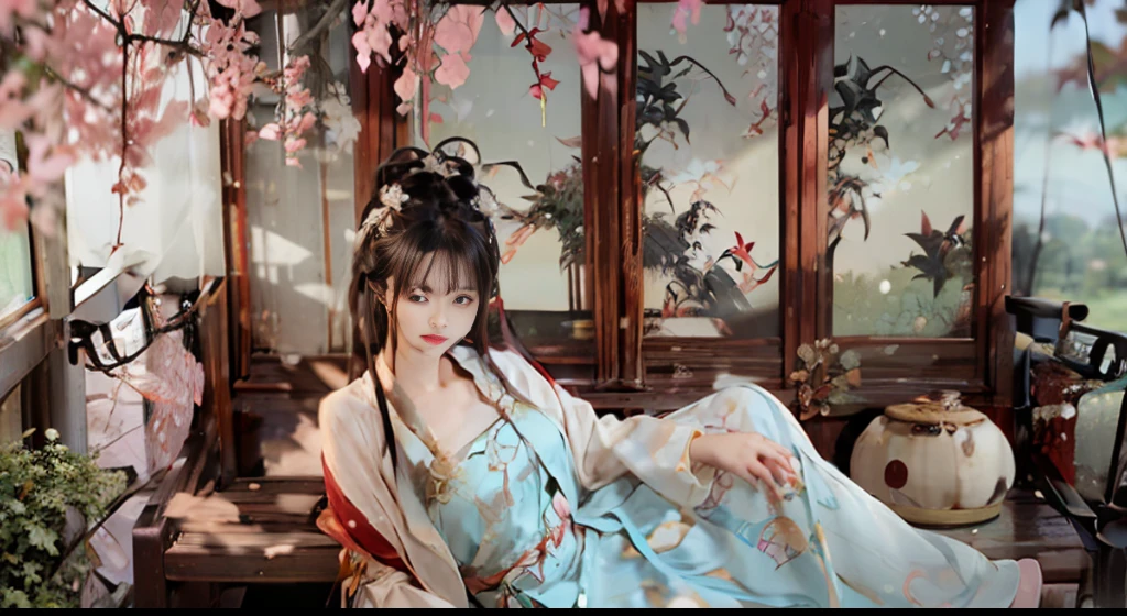 There is a woman sitting on a bench, palace, a girl in Hanfu, wearing ancient Chinese costume, Hanfu, with ancient Chinese clothing, inspired by Tang Yin, traditional Chinese clothing, white Hanfu, inspired by Qiuying, Chinese style, ancient Chinese art style, qipao, with ancient Chinese aesthetic, Chinese costume