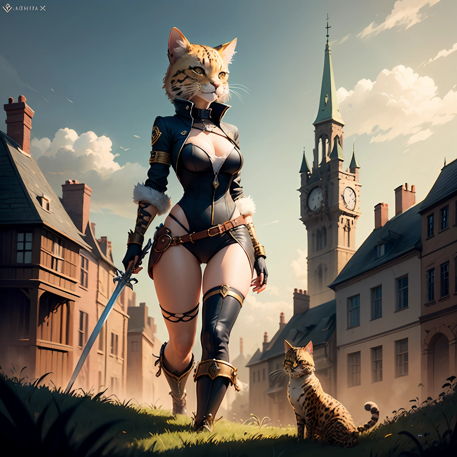 there is a cat that is standing in the grass with a sword, furry fantasy art, anthropomorphic female cat, cattie - brie of mithril hall, portrait of a steampunk catgirl, cat warrior, epic exquisite character art, anthro art, tabaxi :: rogue, bastet, of anthro leopard warlock, dark fantasy style art