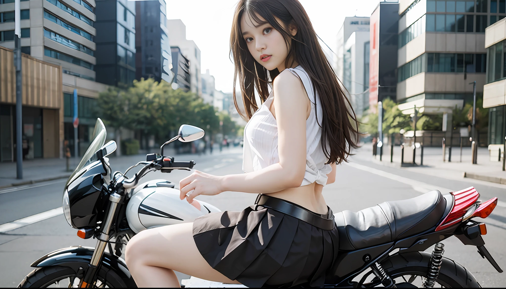 (top quality, high resolution, masterpiece: 1.3), outdoors, 1 person: 2.0, Japan schoolgirl, straddling a motorcycle, back figure, sticking out buttocks, tall and cute woman, slender waist, dark brown hair, chest, wearing pendant, white button-up shirt, belt, black skirt, (modern architecture on background), Exquisitely rendered details on face and skin texture, detailed eyes, double eyelids, slender thighs, plateau