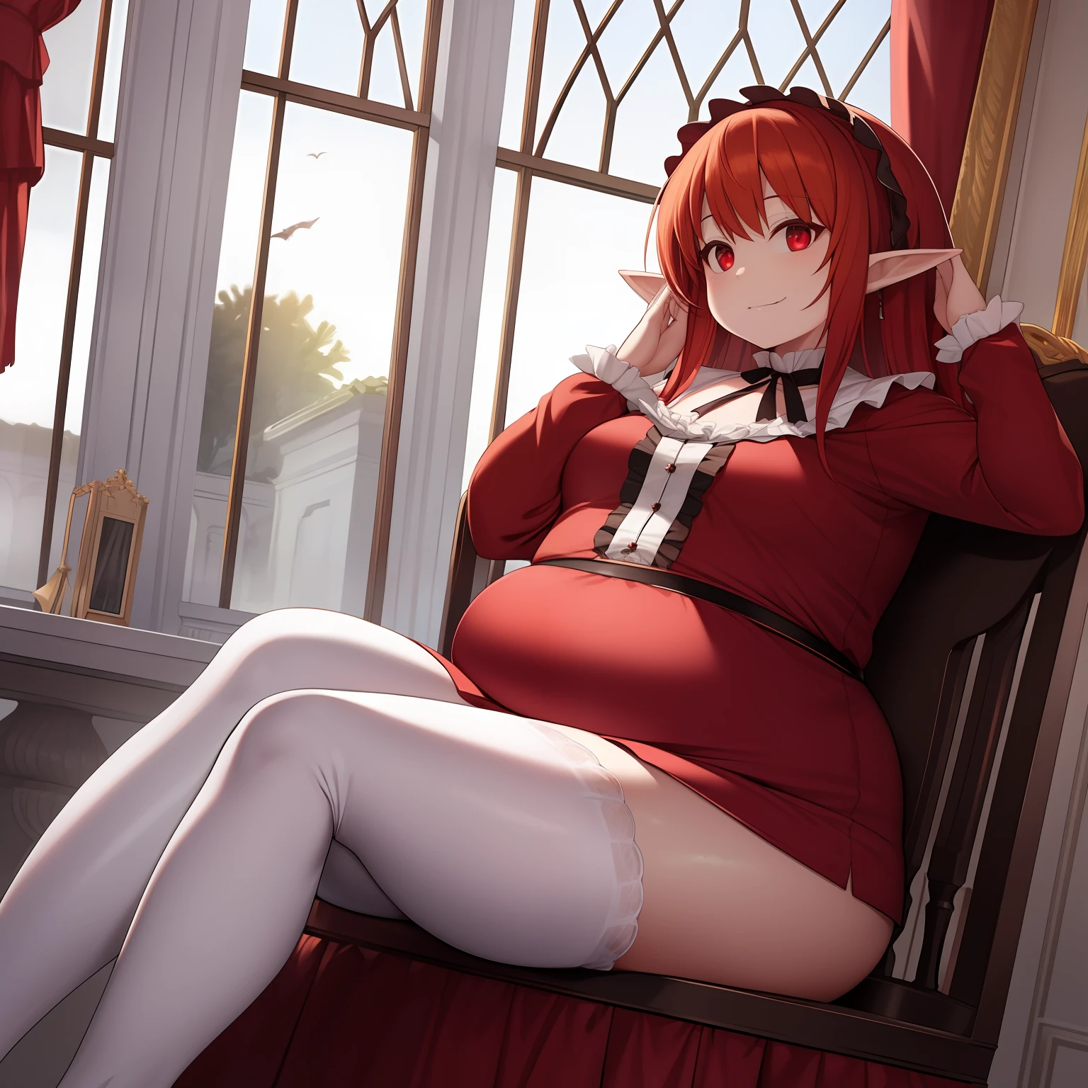 high quality, high resolution, obese, chubby, noblewoman, sitting by window, small chest, thick thighs, large thighs, fat thighs, red hair, vampire, pale skin, shortstack, elf ears, dignified, haughty, gothic ta, good hands, belly grab, overcast sky