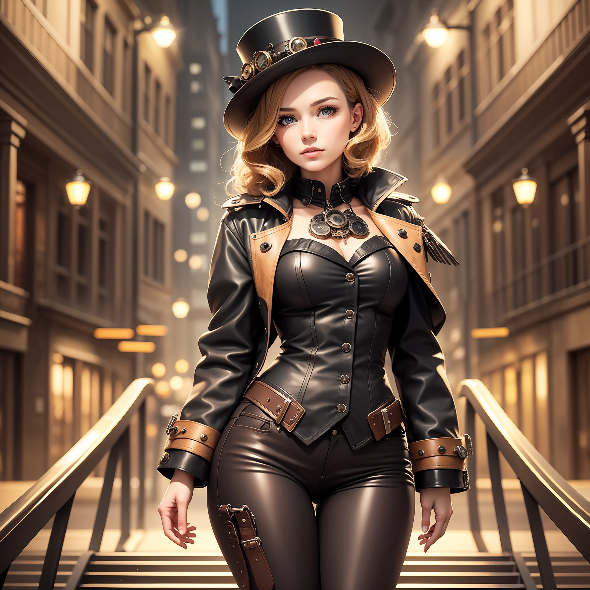 Full Body,Full Body Shot,(Intricate Details), 19 years old, Mysterious Beautiful Girl,Perfect Face, Makeup:1.5, Bright on Face, Facial Detail, Medium Cut Hair,Light Brown Hair,Fringe Hair,Steampunk,Top Hat,Leather Black Jacket,Leather Brown Vest,Leather Pants,Um Home Addressive, Conceptual Art, Realism, Godley, motion picture lighting, multiview, Canon, high-detail, high-quality, HD, 16k