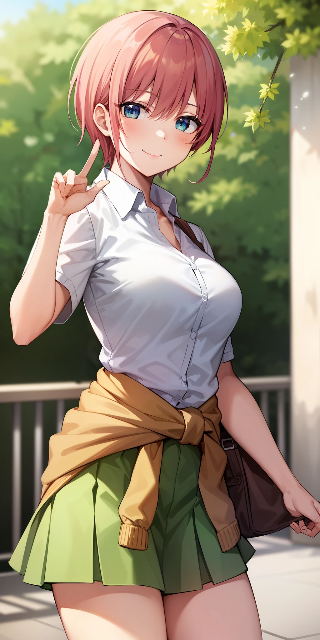 2d, masterpiece, best quality, anime, highly detailed, 1girl, solo, cowboy shot, nakano ichika, pink hair, short hair, cardigan around waist, collared shirt, green skirt, miniskirt, medium breasts, standing, school, outdoors, smile