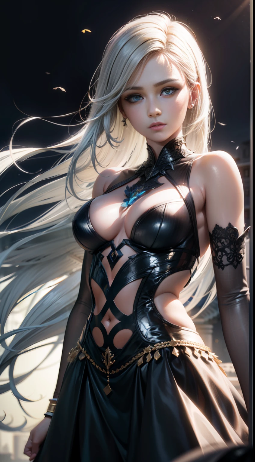 Realistic super detail,8K, realistic, HD wallpaper,((1girl)),(delicate face details),parted lips,fluttering white hair,detailed hair strands,detailed blue eyes,glowing eyes,standing,(looking at the audience),(((fine blue shirt))))),((flying long skirt)),((((quiet mystery background)))),(evening breeze))),beautiful, mysterious, brilliant, epic, intricate details, natural light, natural shadows, depth of field, 3D rendering, octane rendering,