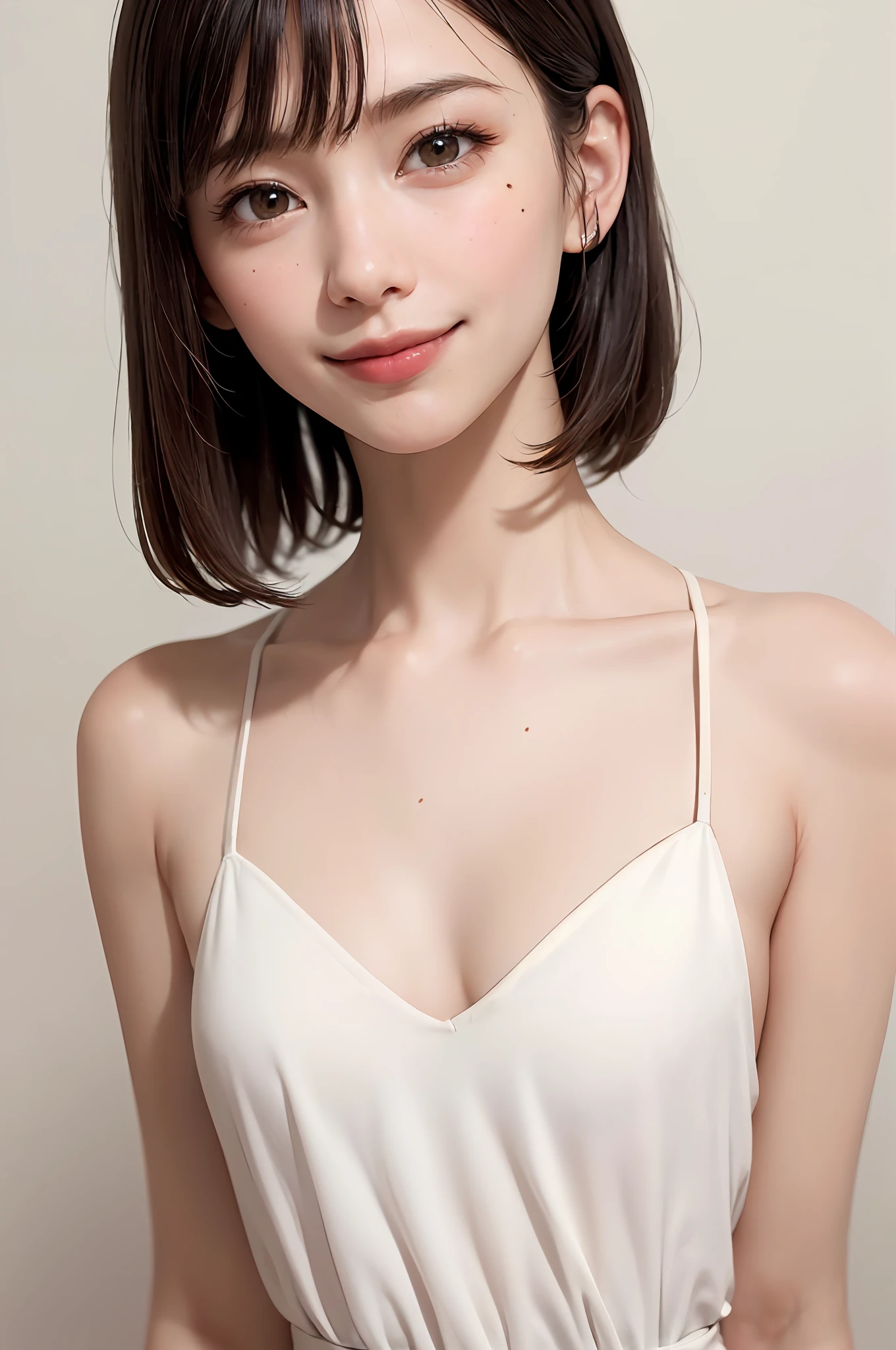 ((showpiece, top quality, high precision)), one girl, (photorealistic: 1.4), ((((also slightly above the camera, looking up at the camera, looking up, looking up at the camera, staring at the camera))), solo, , white background, snow-white background, mouth closed, happy smile, pretty black hair, short hair, big eyes, Distinct double eyelids, eyelashes, ears out, long neck, long neck, absolute area, (((face closeup)), 19 years old, attractive proportions, shiny skin, clean collarbone, golden ratio face, perfect face, teardrop mole, chest mole, bangs, clean bangs, beautiful bangs, lip gloss, thin lips, white skin, undressed, big breasts, small face, small face, staring at the camera slightly upwards, (( Face the camera and smile))