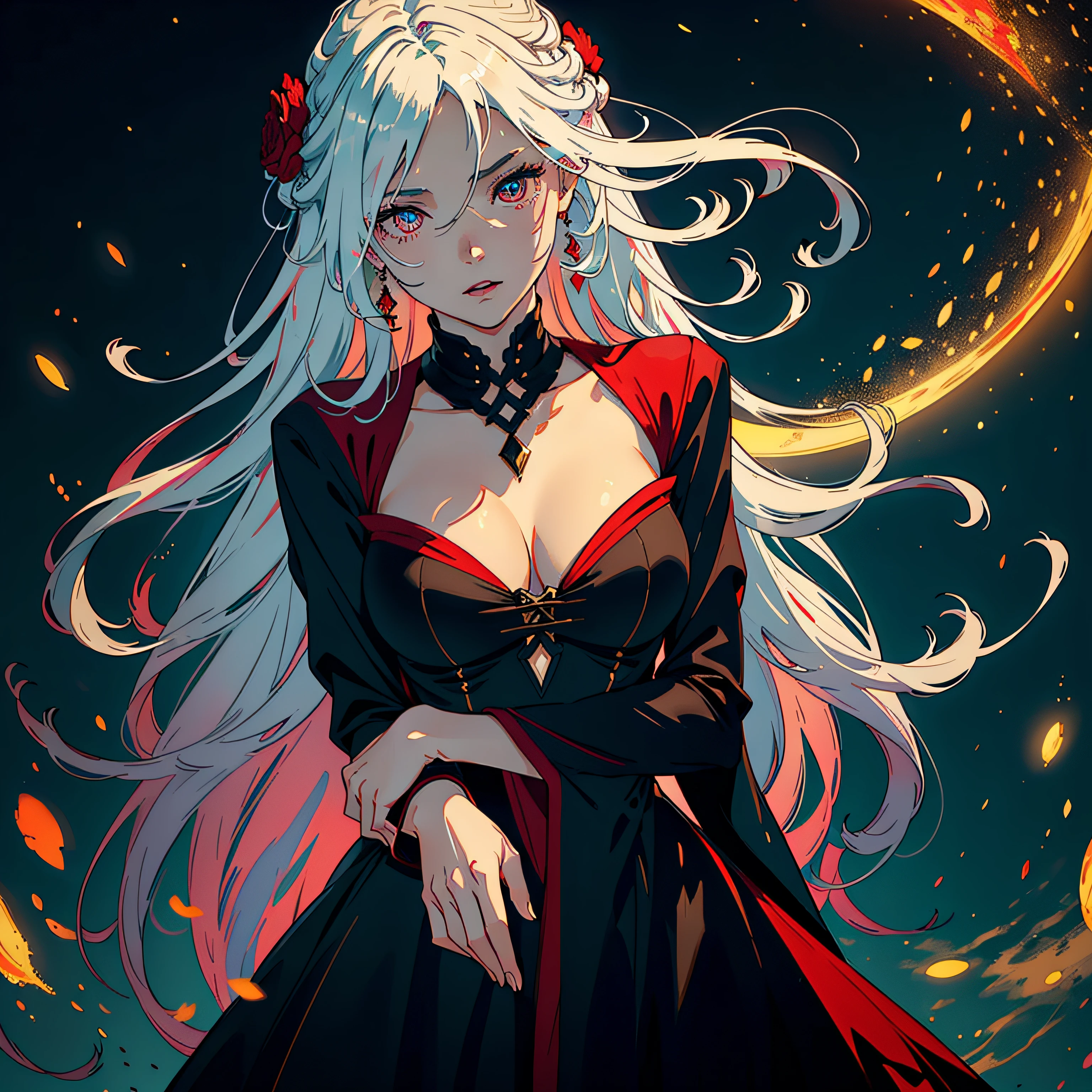 girl, white hair, long hair, korean, blue left eye, lilac right eye, black clothes, background world flames blue --auto