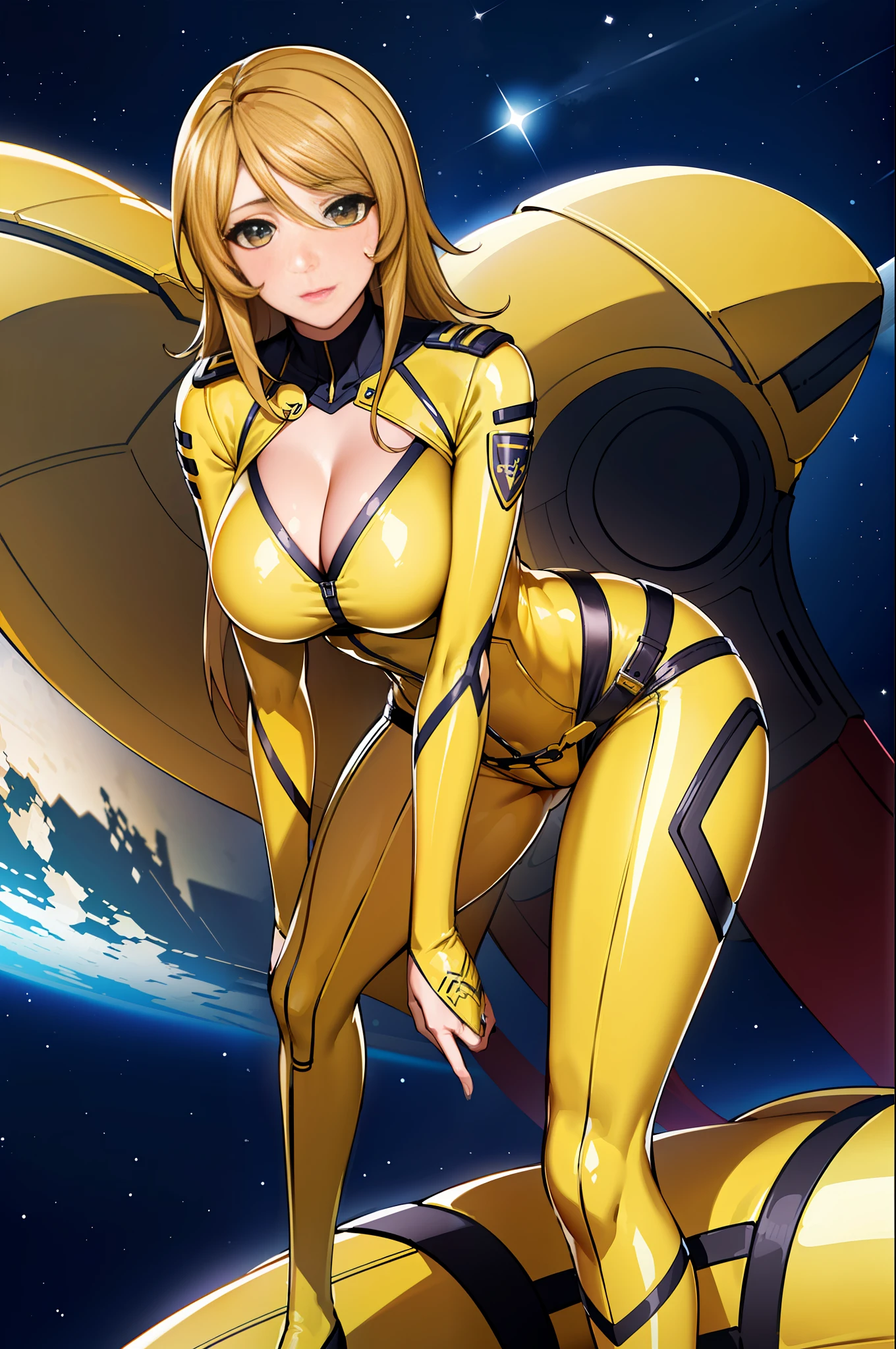 8K, 1girl, spaceship, bodysuit, cleavage, night, galaxy, space, huge breasts, ((arms behind the head)), watch the viewer, , solo focus, (masterpiece: 1.4), (best quality: 1.4), (shiny skin), steamed body, (((M-shaped open legs)), (high leg)), (bare feet)))), (yellow knee-length enamel pin heel boots))), (squatting on the ground)), ( (((crotch wide open left and right))), (((face the front of the body to the viewer)))), ((crotch wide open left and right for the viewer))),