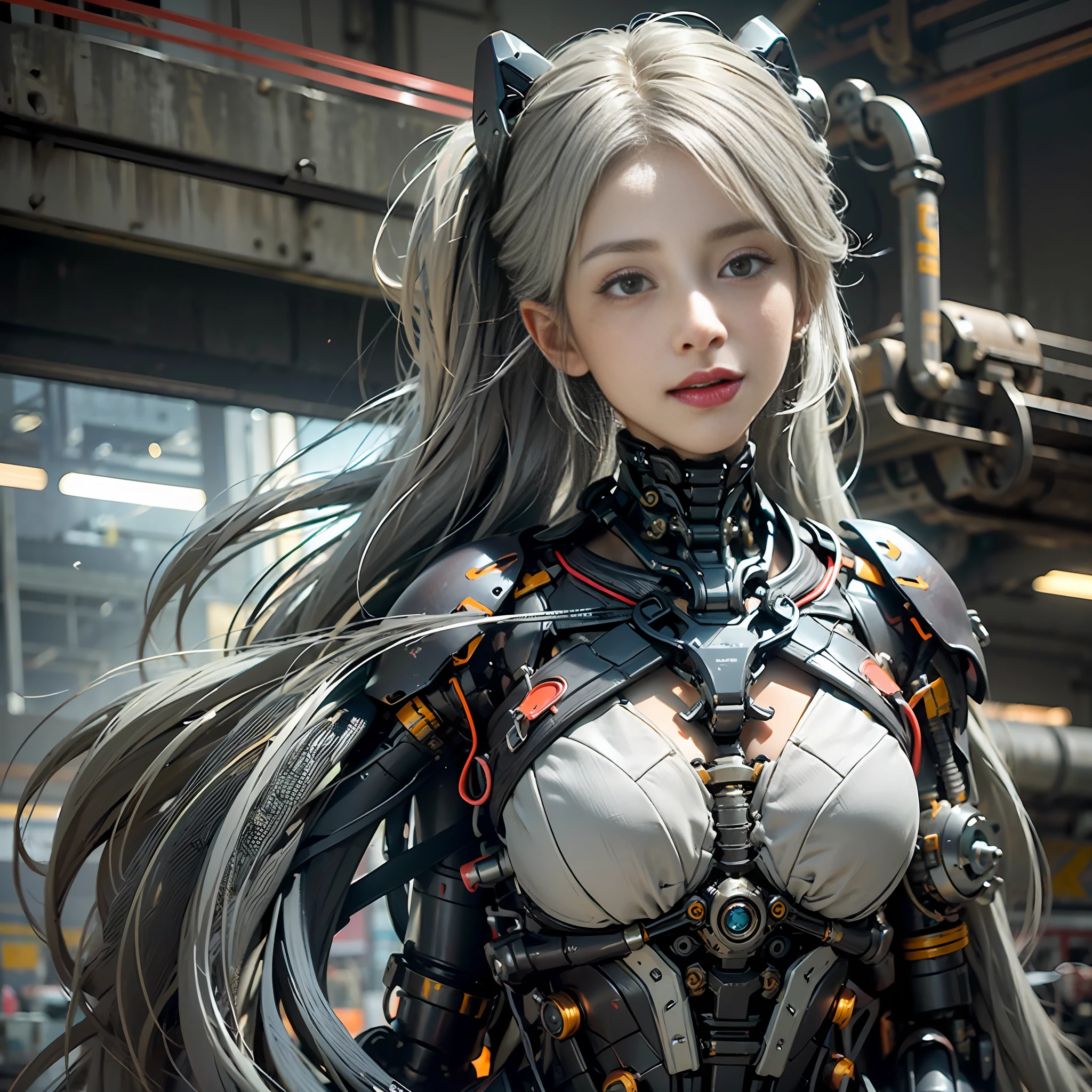 Beautiful Face,face is Japan, 1 Woman, Big, Curvaceous, (16k, RAW photo, top quality, masterpiece: 1.2), (HDR, Realistic, Photorealistic: 1.37) (tube attached to the body), (Bikini Cyborg robot parts)))), (light gray hair), Long hair, Wavy hair, Twin tails, Medium shot, ( Seductive smile)), (black eyes), double eyelids, princess cut, from below, (whole body),posing,,in the lab,( tube connected to blood vessel),((mechanical vertebrae attached to the back)),((mechanical neck attached to the neck)),(wire and cable attached to head and body),(character focus),science fiction,perfect female figure,perfect anatomy, hyperanatomy, full body shot, relationship between up to 4 fingers and 1 thumb, spherical joint,