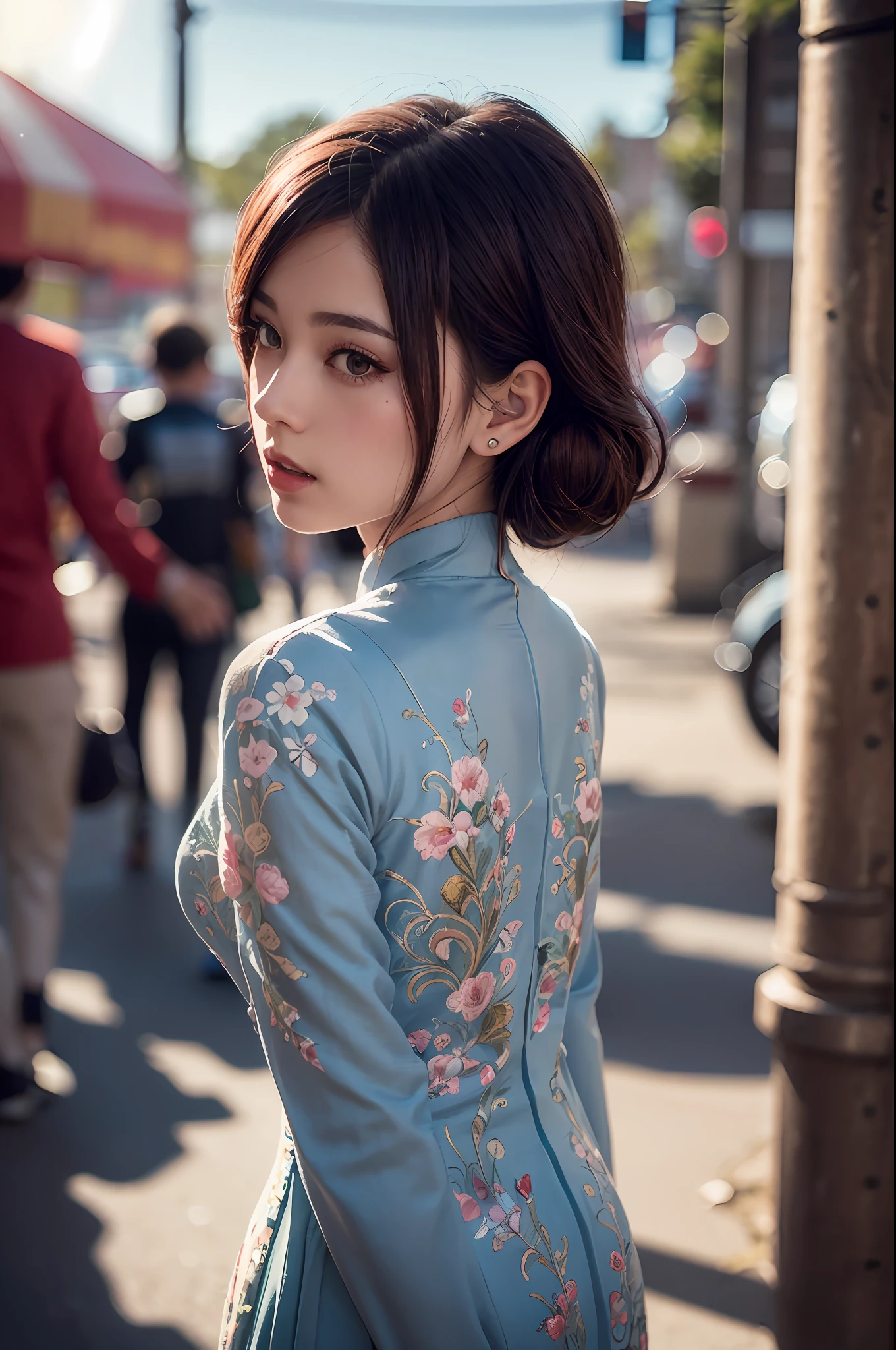 a beautiful girl in vintage colors aodai , masterpiece, best quality, realistic:1.3, street, cyberpunk, sunlight, backlighting, artstation, intricate details, vignette