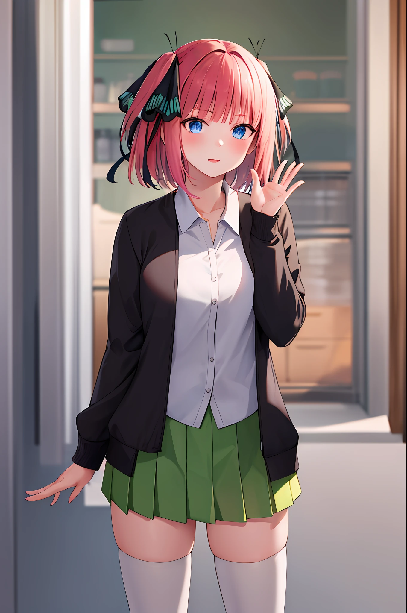 masterpiece, best quality, highres, nn1, 1girl, hair ribbon, short hair, green skirt, white shirt, black cardigan, open clothes, white thighhighs, long sleeves, cowboy shot, standing, waving,