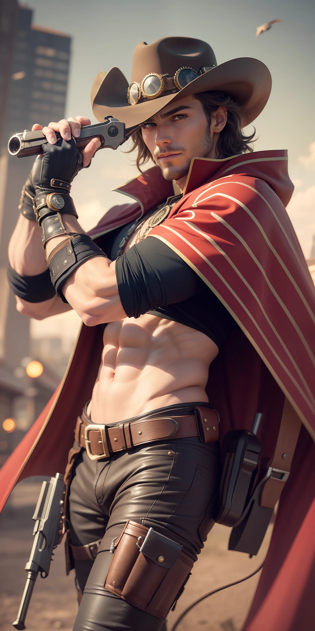 (/ultra resolution 8k/)),most beautiful boy, man manly face, cowboy hat, wind-powered cape, cowboy suit, Steampunk style, cyberpunk,((/shooting with antique revolver in each hand/)), add effect at the end,action pose