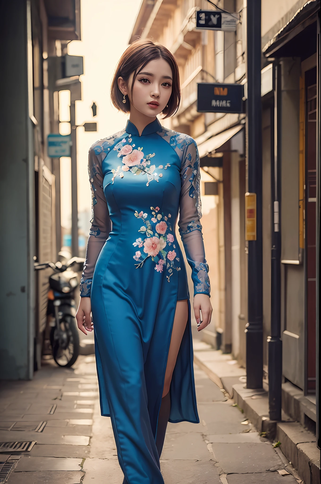 a beautiful girl in vintage colors aodai , masterpiece, best quality, realistic:1.3, street, cyberpunk, sunlight, backlighting, artstation, intricate details, vignette