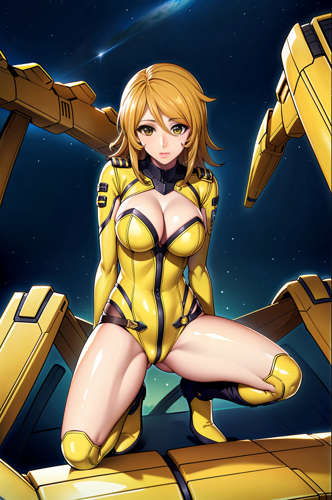 8K, 1girl, spaceship, bodysuit, cleavage, night, galaxy, space, huge breasts, ((arms behind the head)), watch the viewer, , solo focus, (masterpiece: 1.4), (best quality: 1.4), (shiny skin), steamed body, (((M-shaped open legs)), (high leg)), (bare feet)))), (yellow knee-length enamel pin heel boots))), (squatting on the ground)), ( (((crotch wide open left and right))), (((face the front of the body to the viewer)))), ((crotch wide open left and right for the viewer))),