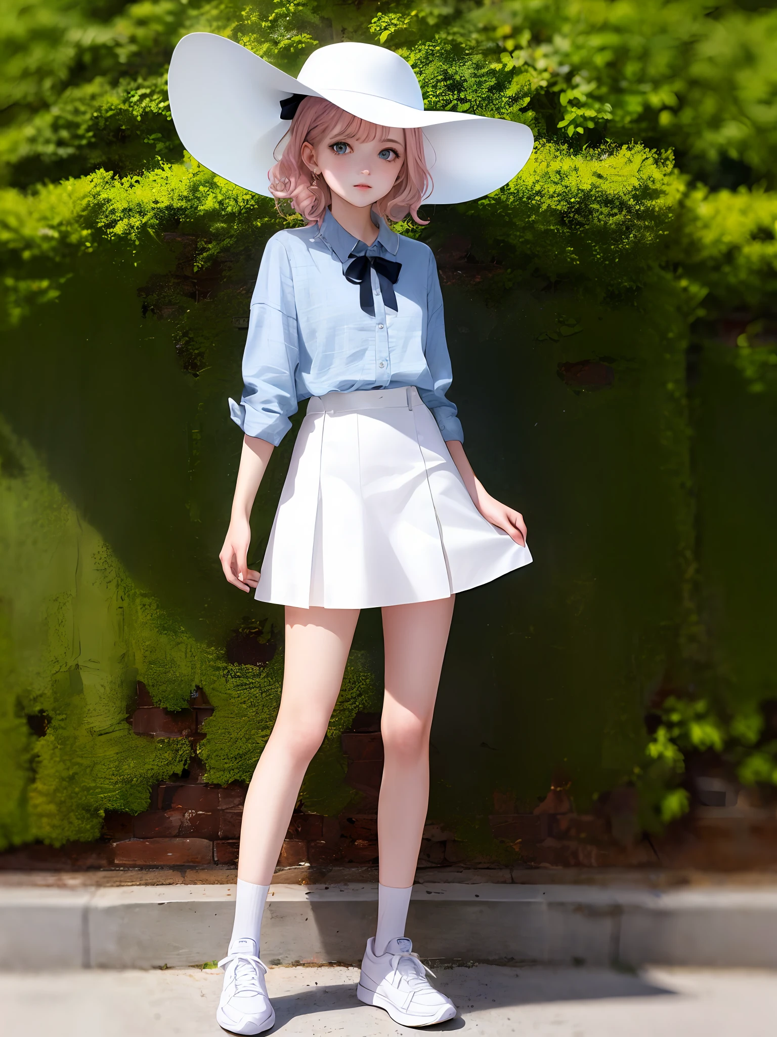 1girl, (masterpiece:1.1), (best quality:1.1), (white blouse:1.1), BREAK [blue:pink:0.5] theme, cowboy shot, full body, sideways view, looking at the audience, break pink hair, curly hair, delicate facial features, blue eyes, white hat, lady hat, white top, denim miniskirt, white sneakers, standing, coast, Sell moe
