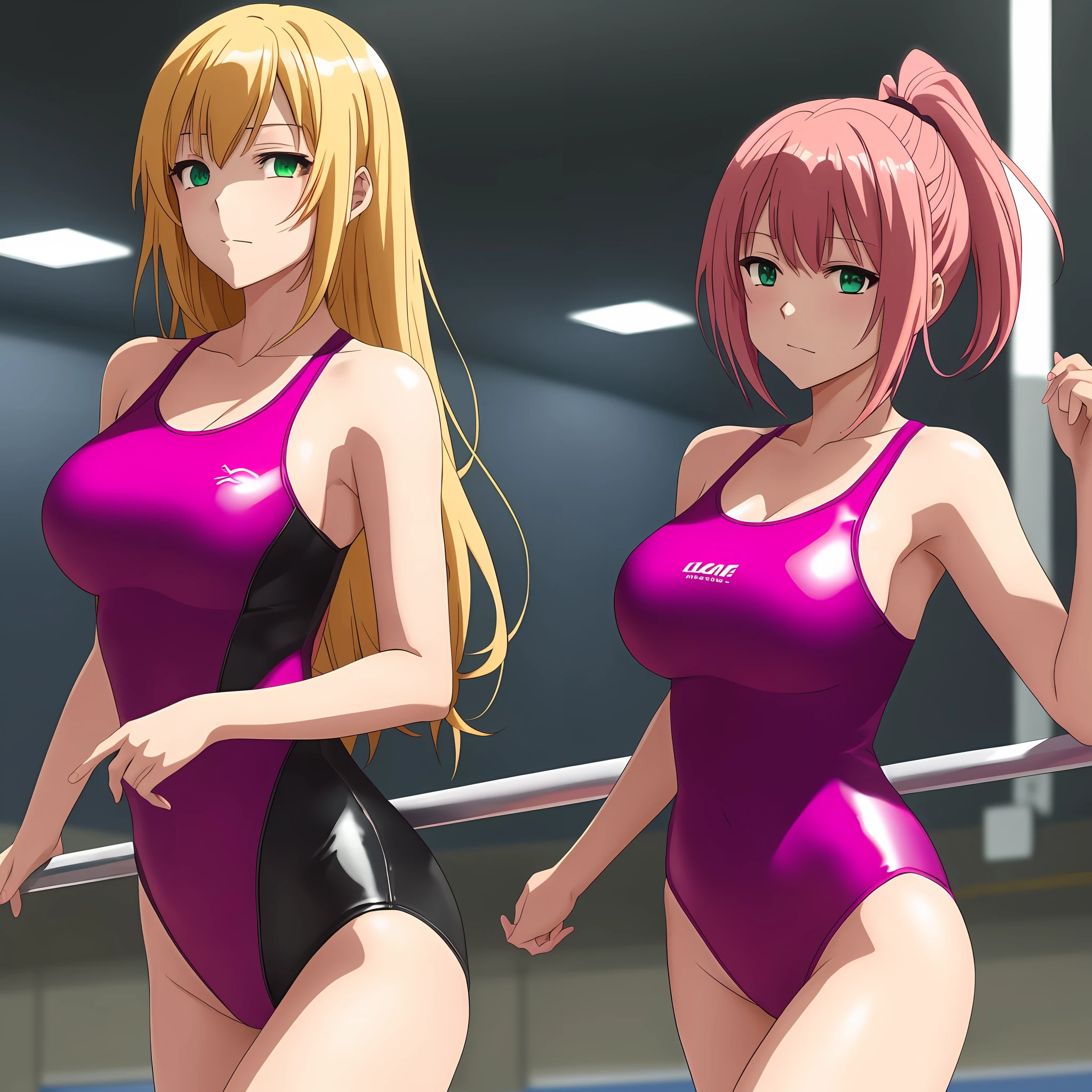 2 anime girls wearing leotards in gymnasium, 2 beautiful anime girls, ecchi anime style, latex leotards, gymnasium, gymnasium, anime girls, leotards, lighted gymnasium, gymnasium, wearing leotards, high quality anime art style, high resolution committee, digital anime art!, Clothing: leotards, big, with big breasts, Redhead and blonde, magenta and green costumes, 2D anime style, --auto