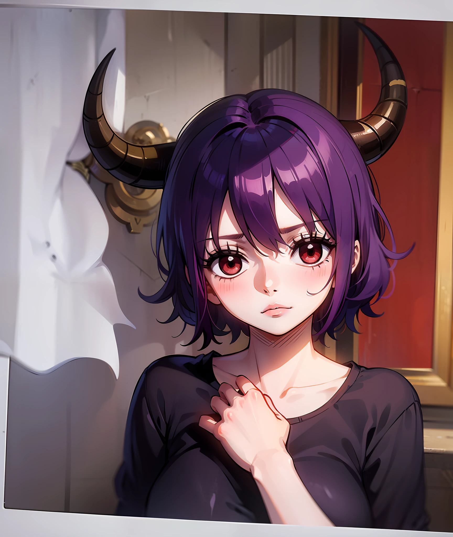 1girl, purple hair, short hair, bangs, eyes covered by hair, one horn, demon eyes, red eyes, scary eyes, tired, sad, depressed, emotionless, cold, purple clothes, castle, pale skin