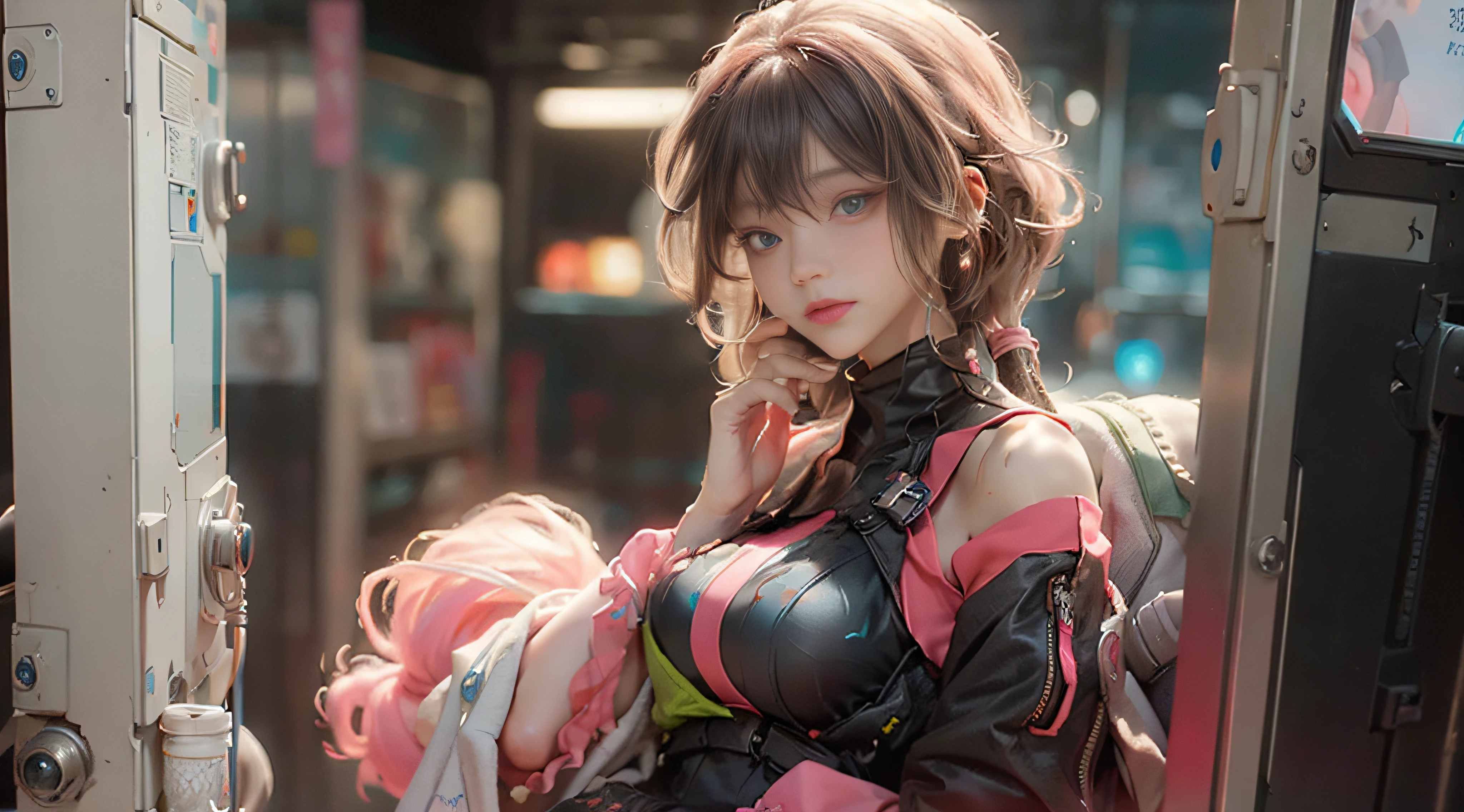 ((Best Quality)), ((Masterpiece)), (Detail: 1.4), 3D, Beautiful Cyberpunk Female Image, HDR (High Dynamic Range), Ray Tracing, NVIDIA RTX, Super Resolution, Unreal 5, Subsurface Scattering, PBR Texture, Post-Processing, Anisotropic Filtering, Depth of Field, Maximum Sharpness and Sharpness, Multi-layer Texture, Albedo and Highlight Mapping, Surface Coloring, Mitsu-Accurate Simulation of Material Interactions, Perfect Proportions, Octane Rendering, Two-color Light, Large Aperture, Low ISO, white balance, regular three-point, 8K RAW, beautiful bright pupils, off-the-shoulder clothes, fine pupils, delicate face and eyes, long eyelashes, blush, delicate and fluffy hair, pink lips, pure, cute, sweet girl, artistic sense, casual wear, high-end sense