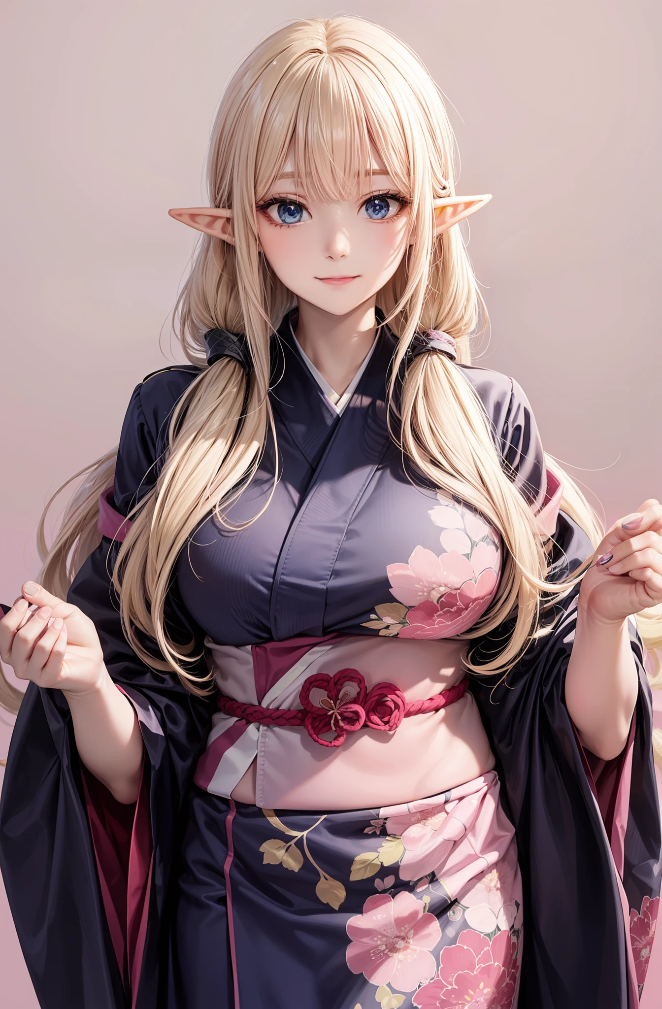 An elf with a large body, long straight yellowish hair, blue eyes, a friendly expression, dressed in a pink kimono, on a pink background.