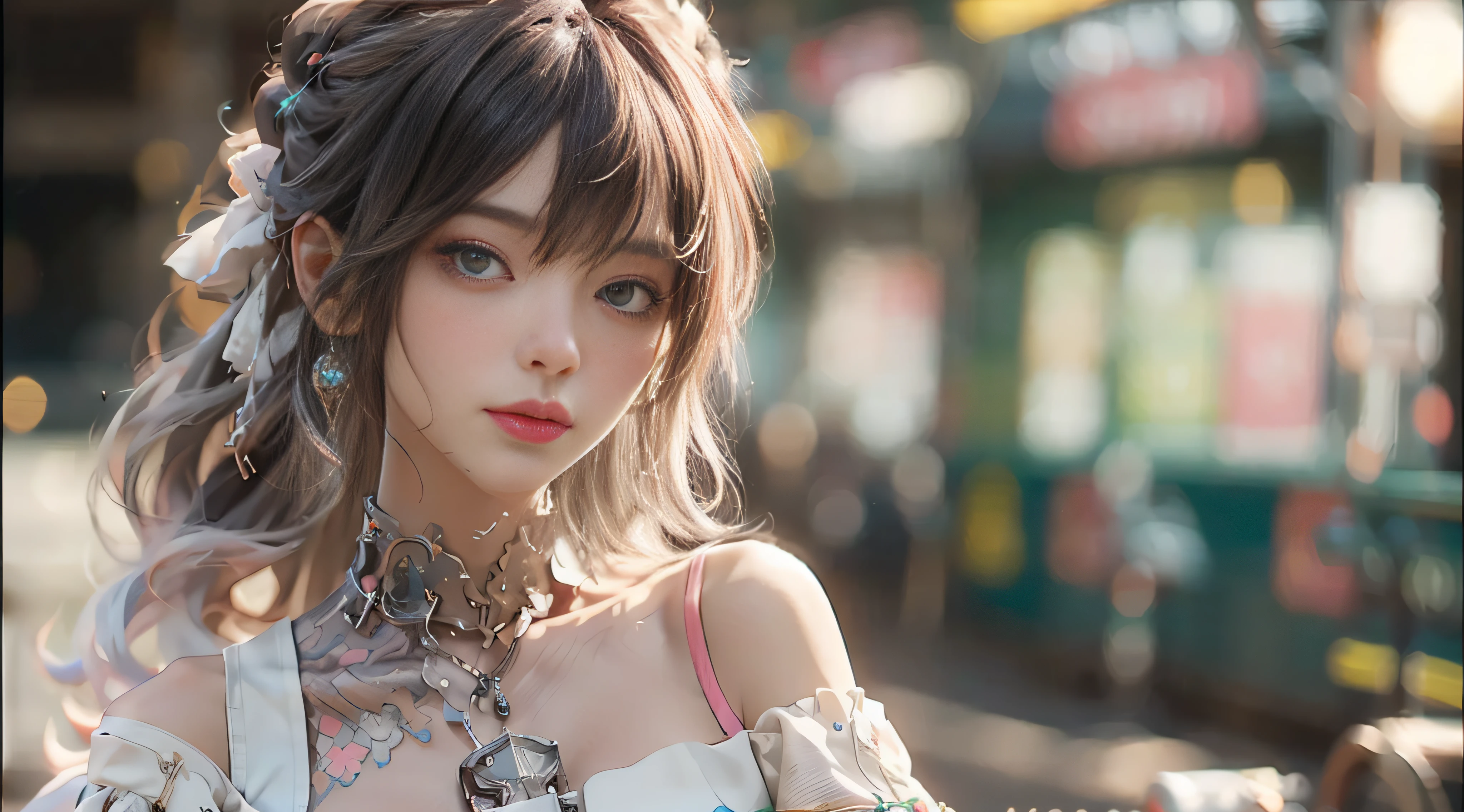 ((Best Quality)), ((Masterpiece)), (Detail: 1.4), 3D, Beautiful Cyberpunk Female Image, HDR (High Dynamic Range), Ray Tracing, NVIDIA RTX, Super Resolution, Unreal 5, Subsurface Scattering, PBR Texture, Post-Processing, Anisotropic Filtering, Depth of Field, Maximum Sharpness and Sharpness, Multi-layer Texture, Albedo and Highlight Mapping, Surface Coloring, Mitsu-Accurate Simulation of Material Interactions, Perfect Proportions, Octane Rendering, Two-color Light, Large Aperture, Low ISO, white balance, regular three-point, 8K RAW, beautiful bright pupils, off-the-shoulder clothes, fine pupils, delicate face and eyes, long eyelashes, blush, delicate and fluffy hair, pink lips, pure, cute, sweet girl, artistic sense, casual wear, high-end sense