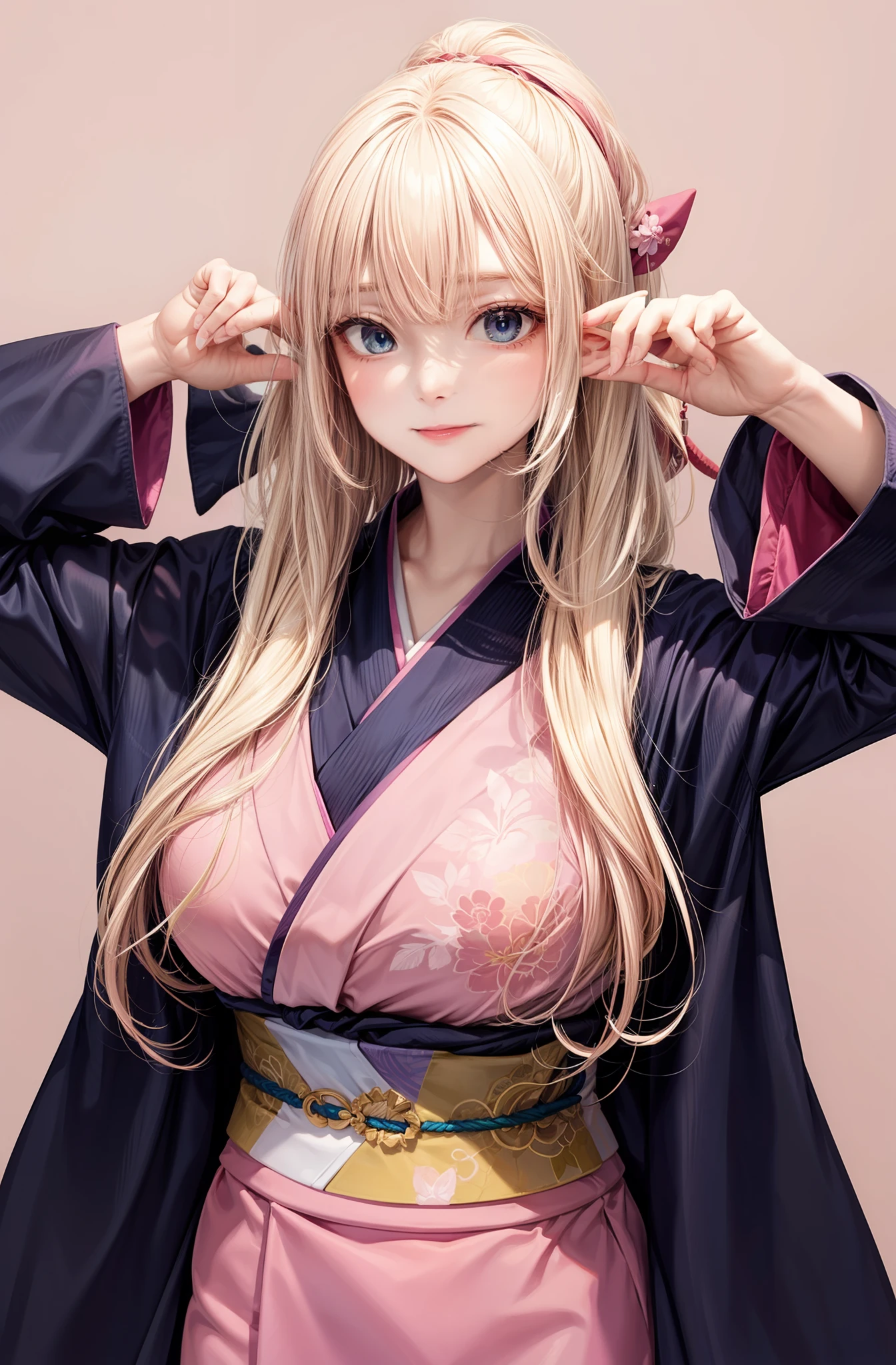 An elf with a large body, long straight yellowish hair, blue eyes, a friendly expression, dressed in a pink kimono, on a pink background.