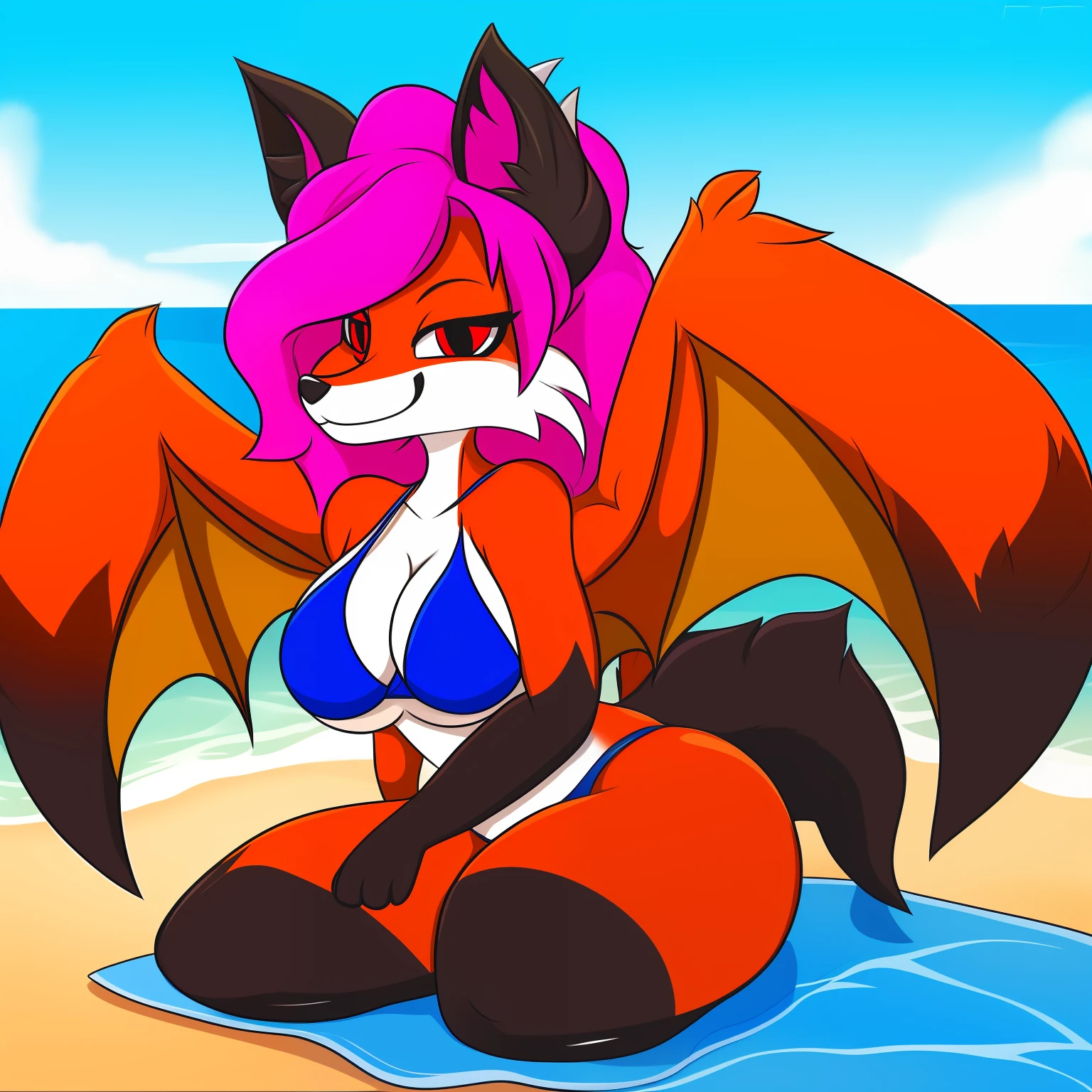 Female_dog-1, female,fox, furry, sexy, bikini, wet with water, on a beach, big curly hair, pink hair tip, big thighs, reddish orange color, dragon wings, sexy, maquiagem preta no olho, orelhas pretas, cabelos bem volumosos, Dog-1, big butts