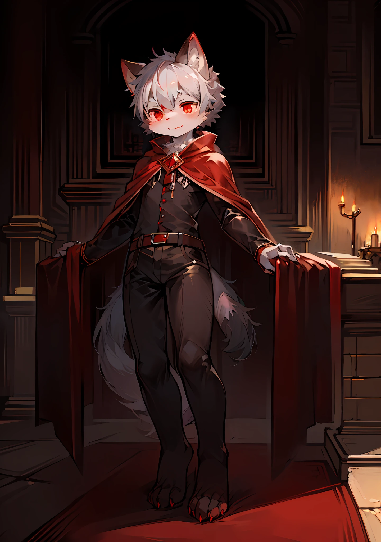 (dark environment:0.8),masterpiece, high quality, absurd res, digital painting \(artwork\), by dagasi, yupa,kiyosan,(anthro,fluffy fur,character focus:1.1),anthro male cat,short hair,portrait, bright eyes,panorama,character focus.(detailed background:0.7),solo,furry,furry male ,male focus,anthr,(Full body fur, fluffy tail, white fur,red eyes,gray hair:1.2),(long canines,vampire, cape:1.2),(interior,night, castle, coffin:1.1)