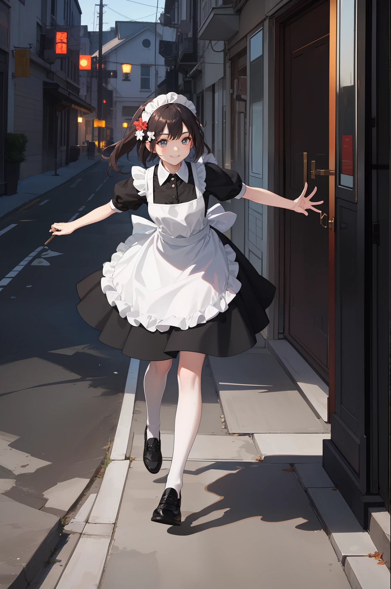 1 girl, smiling, skirt, (small) chillerism, dress, apron,,,,,,、 maid,,,,,,,,、 hair ornament, running briskly,