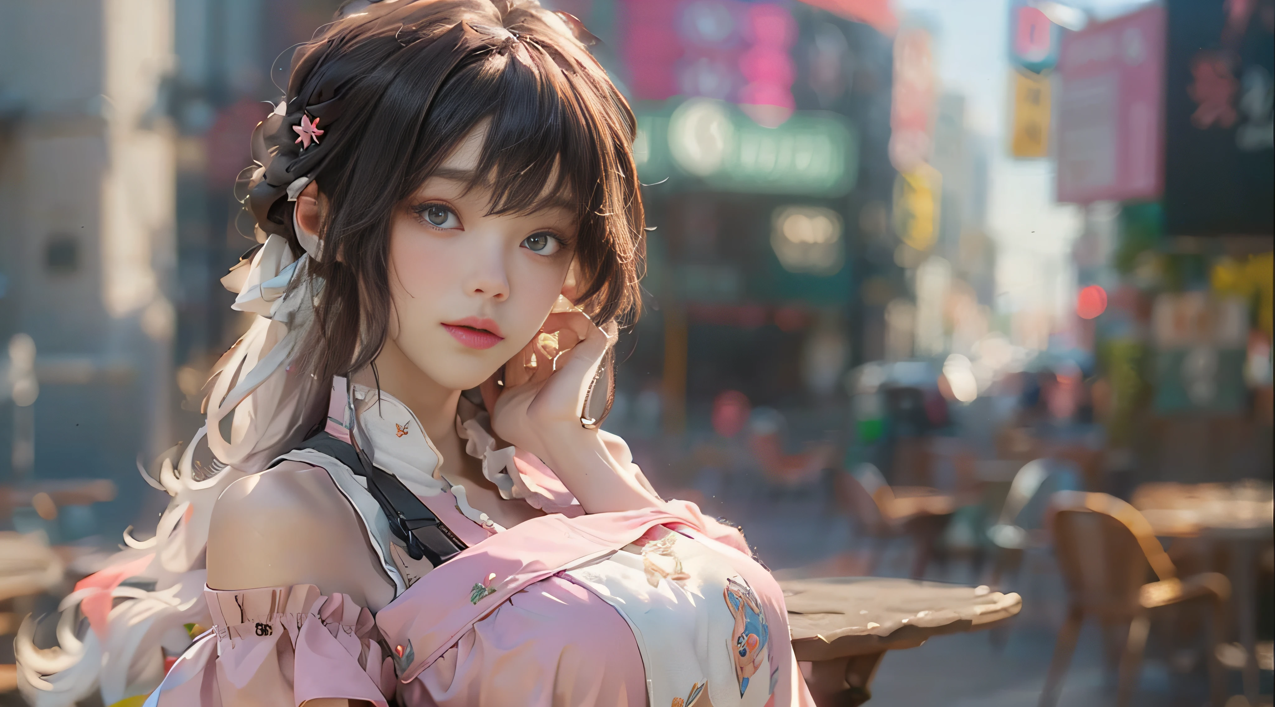 ((Best Quality)), ((Masterpiece)), (Detail: 1.4), 3D, Beautiful Cyberpunk Female Image, HDR (High Dynamic Range), Ray Tracing, NVIDIA RTX, Super Resolution, Unreal 5, Subsurface Scattering, PBR Texture, Post-Processing, Anisotropic Filtering, Depth of Field, Maximum Sharpness and Sharpness, Multi-layer Texture, Albedo and Highlight Mapping, Surface Coloring, Mitsu-Accurate Simulation of Material Interactions, Perfect Proportions, Octane Rendering, Two-color Light, Large Aperture, Low ISO, white balance, regular three-point, 8K RAW, beautiful bright pupils, off-the-shoulder clothes, fine pupils, delicate face and eyes, long eyelashes, blush, delicate and fluffy hair, pink lips, pure, cute, sweet girl, artistic sense, casual wear, high-end sense