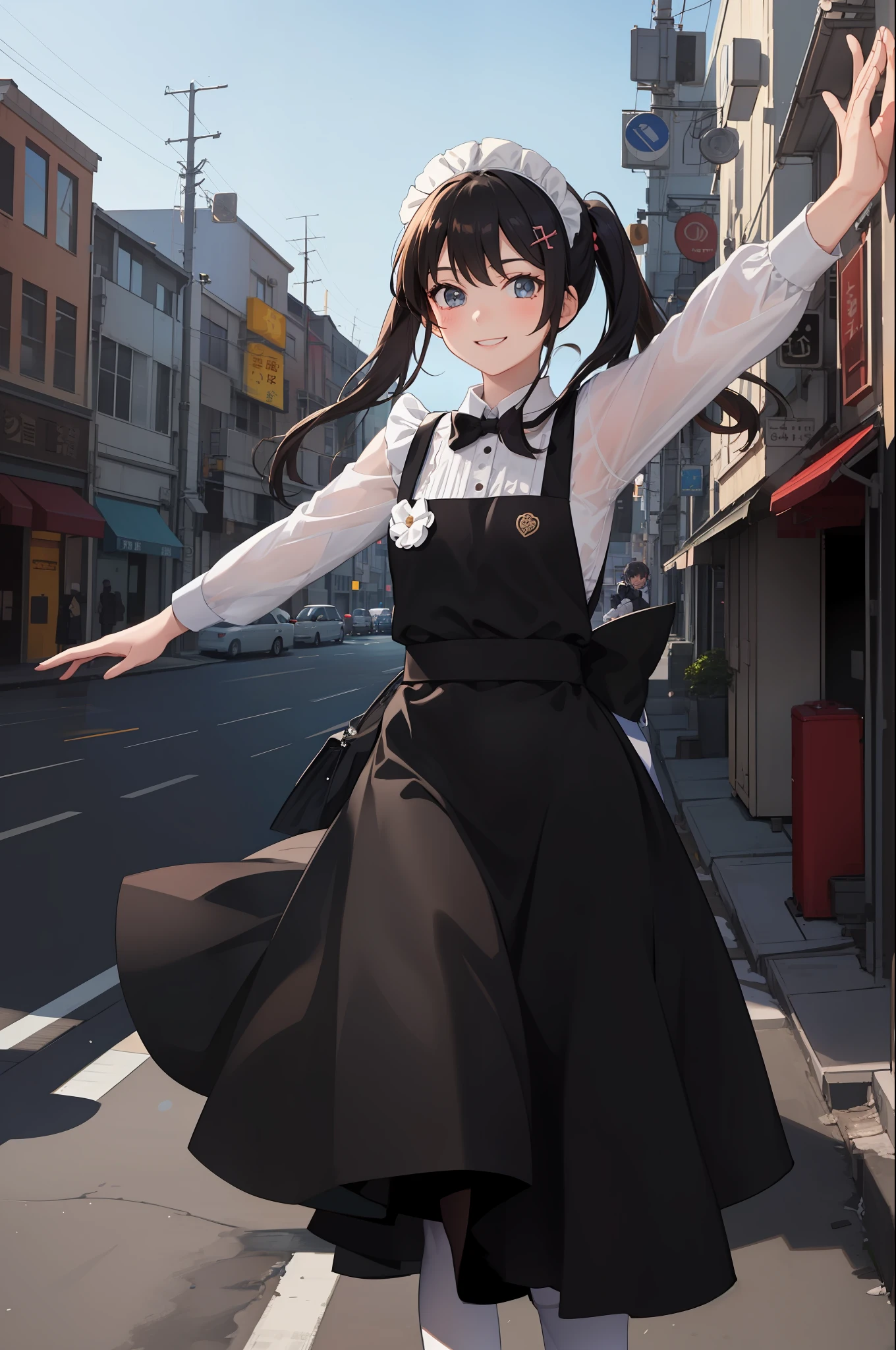 1 girl, smiling, skirt, (small) chillerism, dress, apron,,,,,,、 maid,,,,,,,,、 hair ornament, running briskly,