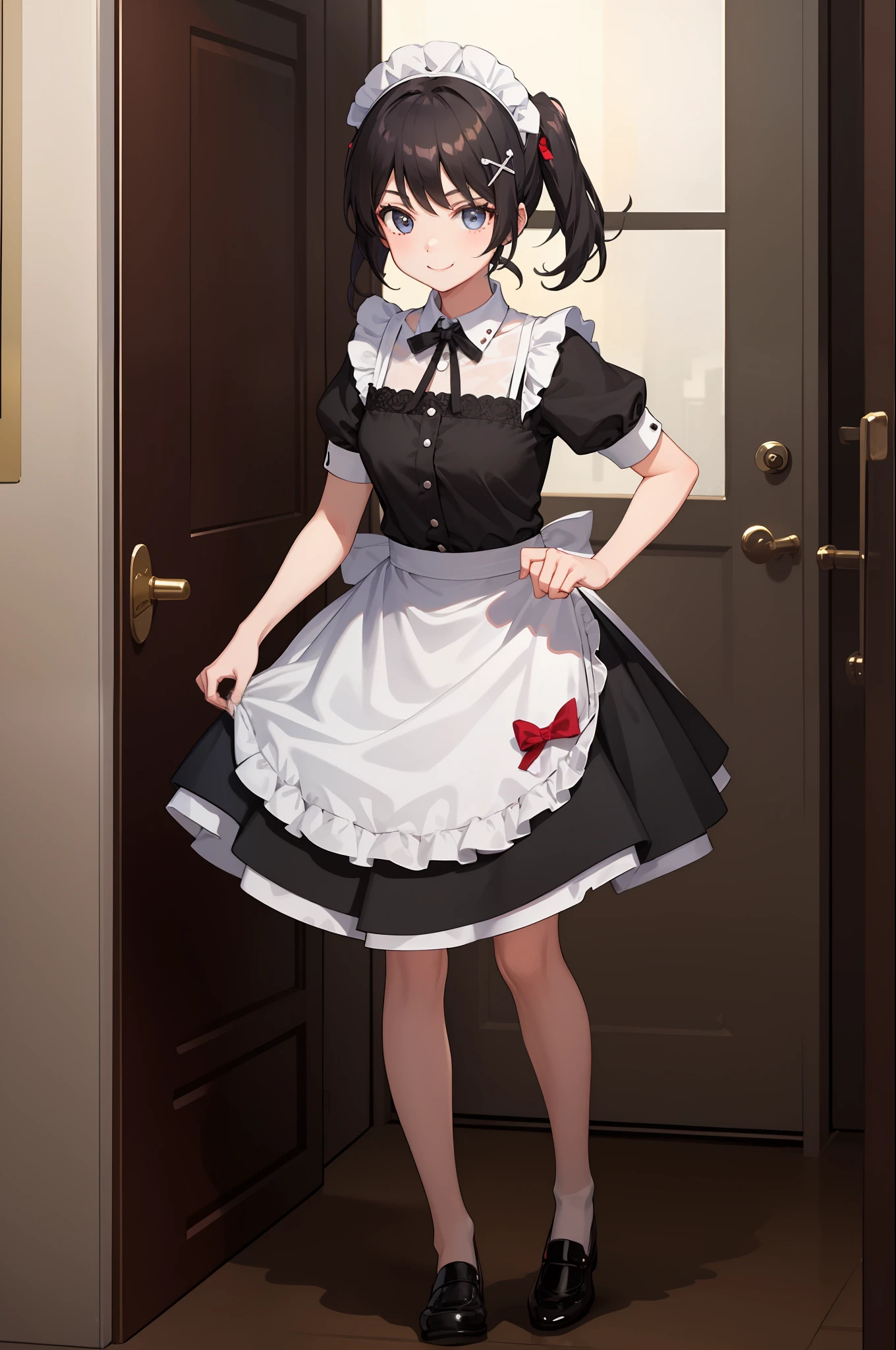 1 girl, smiling, skirt, (small) chillerism, dress, apron,,,,,,、 maid,,,,,,,,、 hair ornament, running briskly,