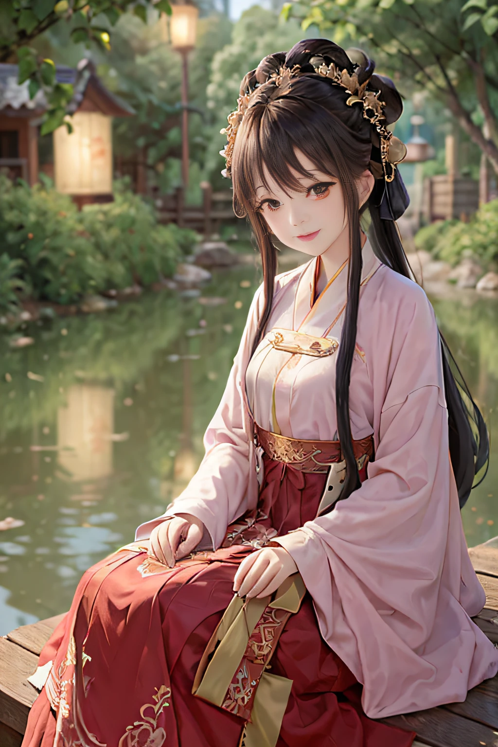 Masterpiece, best quality, official art, 8k wallpaper, very detailed, illustration, 1 girl, pink hair, long hair, detailed eyes, Forrest, bare shoulders, hanfu, lake, pure, soft smile, bamboo