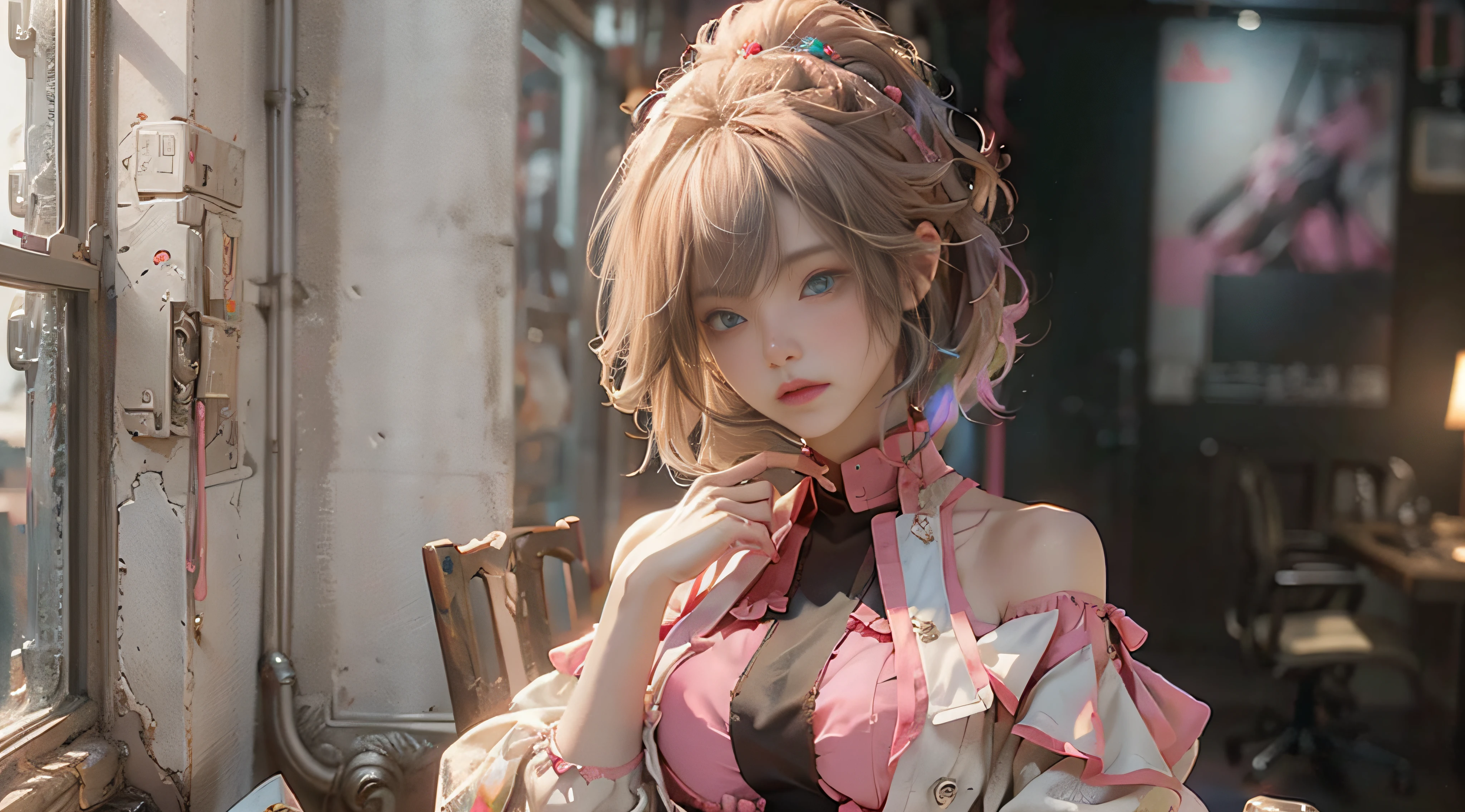 ((Best Quality)), ((Masterpiece)), (Detail: 1.4), 3D, Beautiful Cyberpunk Female Image, HDR (High Dynamic Range), Ray Tracing, NVIDIA RTX, Super Resolution, Unreal 5, Subsurface Scattering, PBR Texture, Post-Processing, Anisotropic Filtering, Depth of Field, Maximum Sharpness and Sharpness, Multi-layer Texture, Albedo and Highlight Mapping, Surface Coloring, Mitsu-Accurate Simulation of Material Interactions, Perfect Proportions, Octane Rendering, Two-color Light, Large Aperture, Low ISO, white balance, regular three-point, 8K RAW, beautiful bright pupils, off-the-shoulder clothes, fine pupils, delicate face and eyes, long eyelashes, blush, delicate and fluffy hair, pink lips, pure, cute, sweet girl, artistic sense, casual wear, high-end sense
