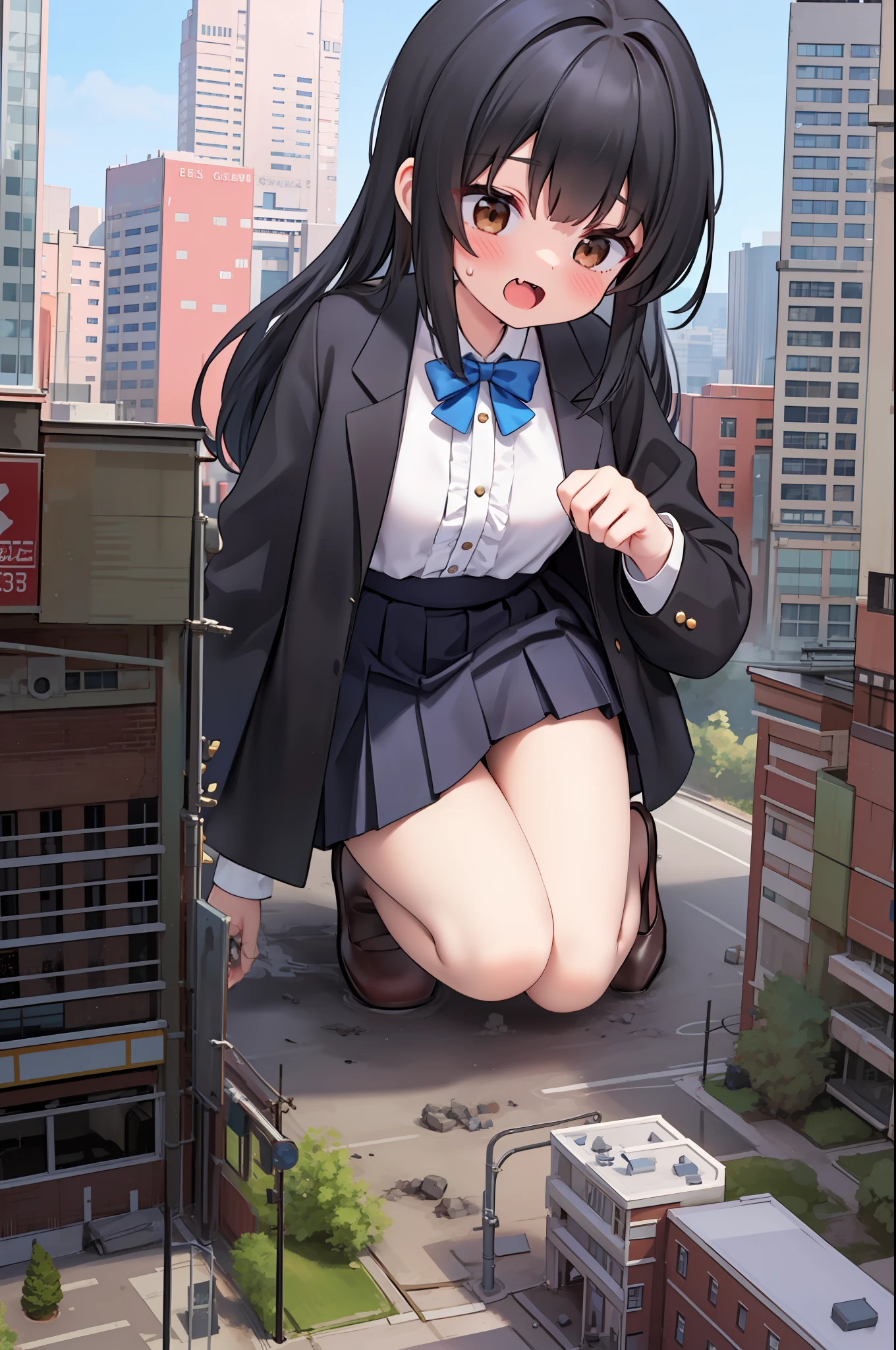 1girl, , nice hands, two legs, good hand, five fingers, full body, bigger than buildings, black hair, brown eyes, bangs, school uniform, suit, white shirt, pleated skirt, destroyed buildings, GTScity, giantess art, surprised, skin fang, nose blush, confused, 16k, high quality, high details, anatomically correct, textured skin