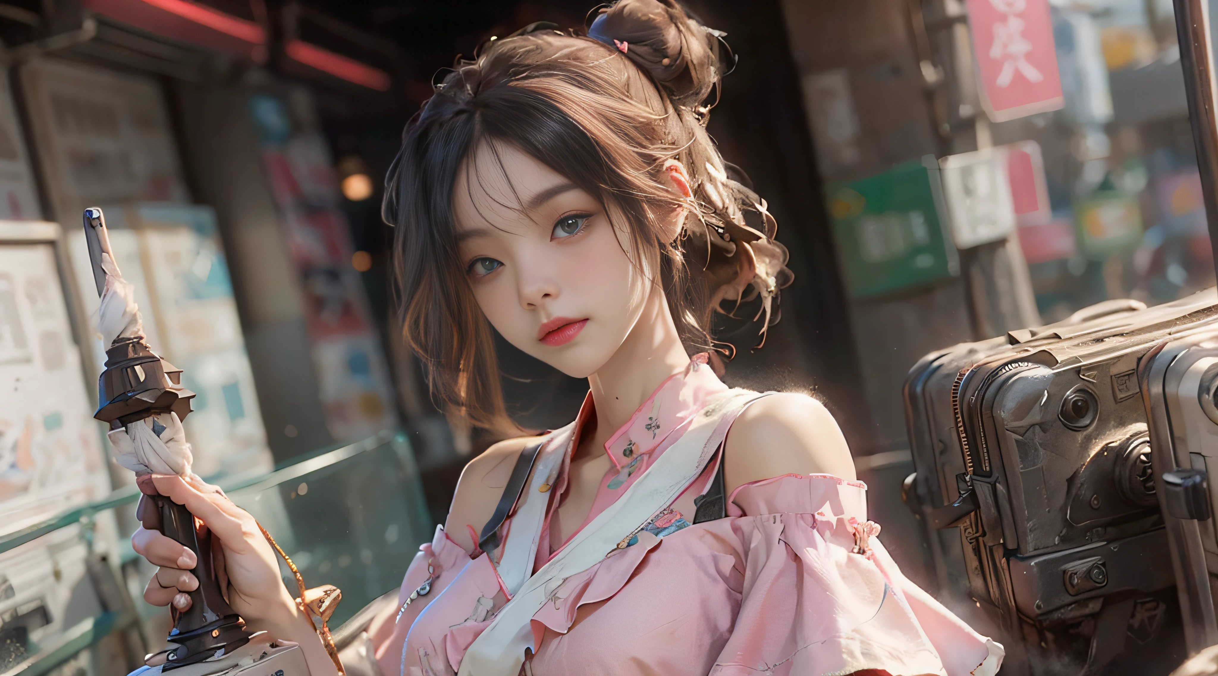 ((Best Quality)), ((Masterpiece)), (Detail: 1.4), 3D, Beautiful Cyberpunk Female Image, HDR (High Dynamic Range), Ray Tracing, NVIDIA RTX, Super Resolution, Unreal 5, Subsurface Scattering, PBR Texture, Post-Processing, Anisotropic Filtering, Depth of Field, Maximum Sharpness and Sharpness, Multi-layer Texture, Albedo and Highlight Mapping, Surface Coloring, Mitsu-Accurate Simulation of Material Interactions, Perfect Proportions, Octane Rendering, Two-color Light, Large Aperture, Low ISO, white balance, regular three-point, 8K RAW, beautiful bright pupils, off-the-shoulder clothes, fine pupils, delicate face and eyes, long eyelashes, blush, delicate and fluffy hair, pink lips, pure, cute, sweet girl, artistic sense, casual wear, high-end sense