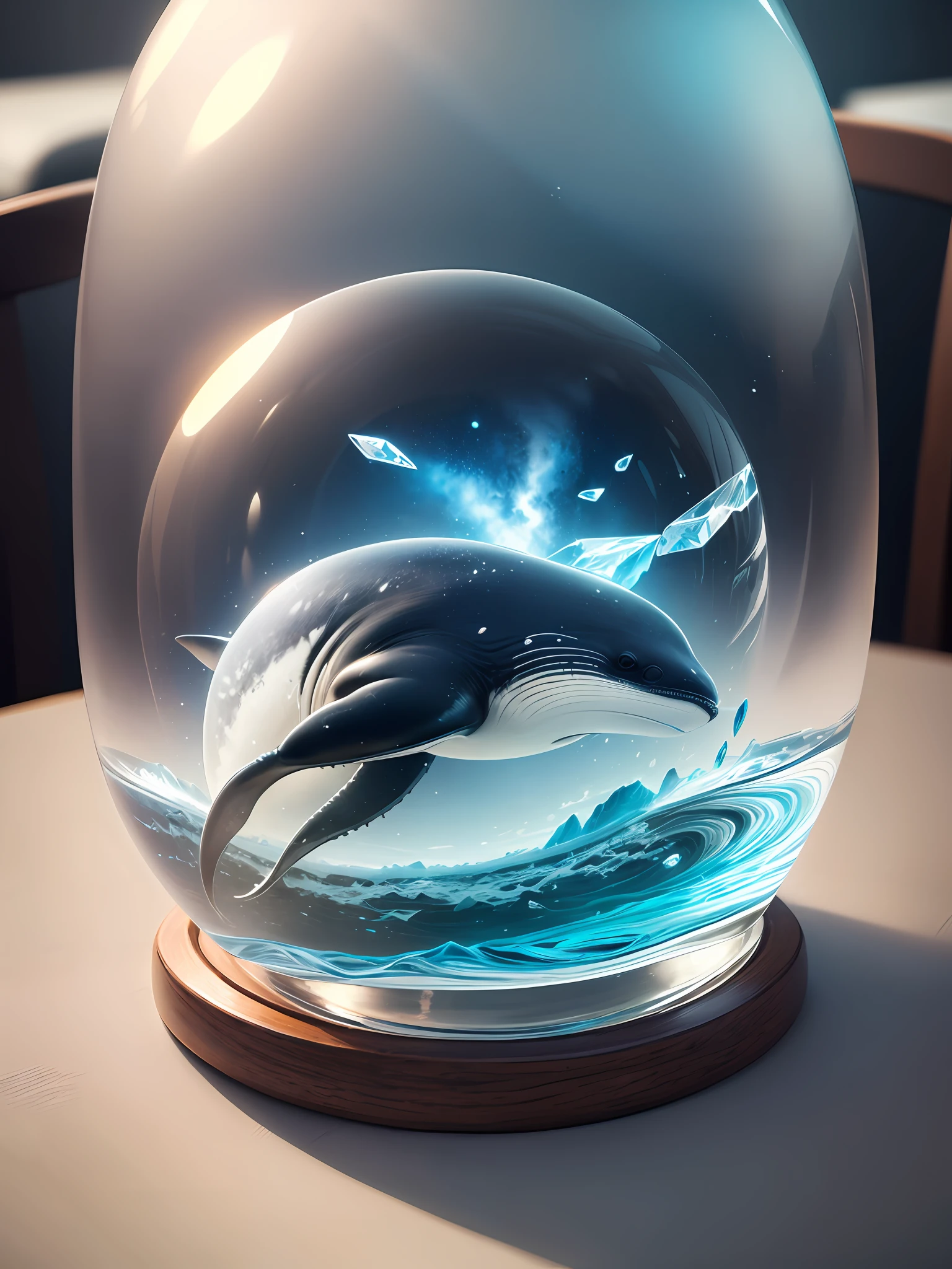 Ultra-realistic, 16K high resolution, (Max Sharp Focus: 1.3), (Max Close-up: 1.5), (Whale trapped in a crystal ball with pedestal on a table: 1.7), (Sea Ice, Milky Way: 1.5),